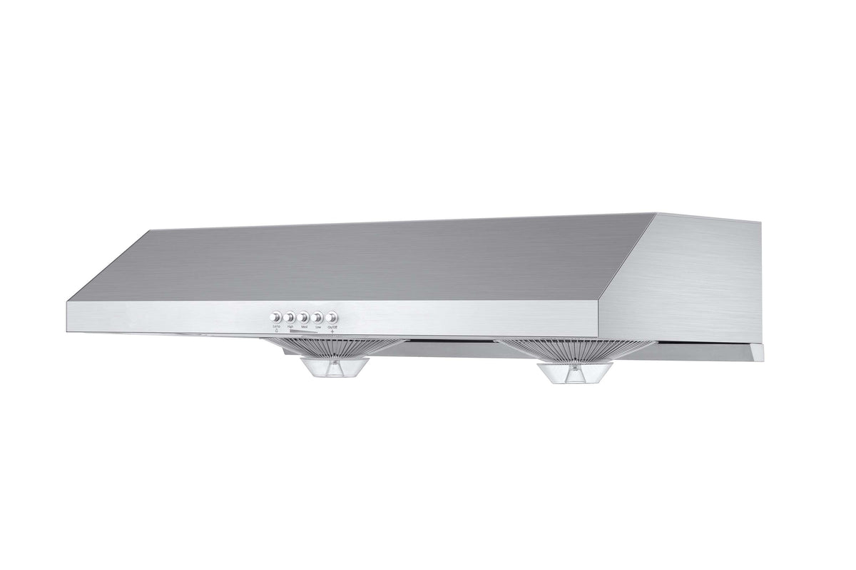Stainless steel under-cabinet range hood side view with front lamp area and vents