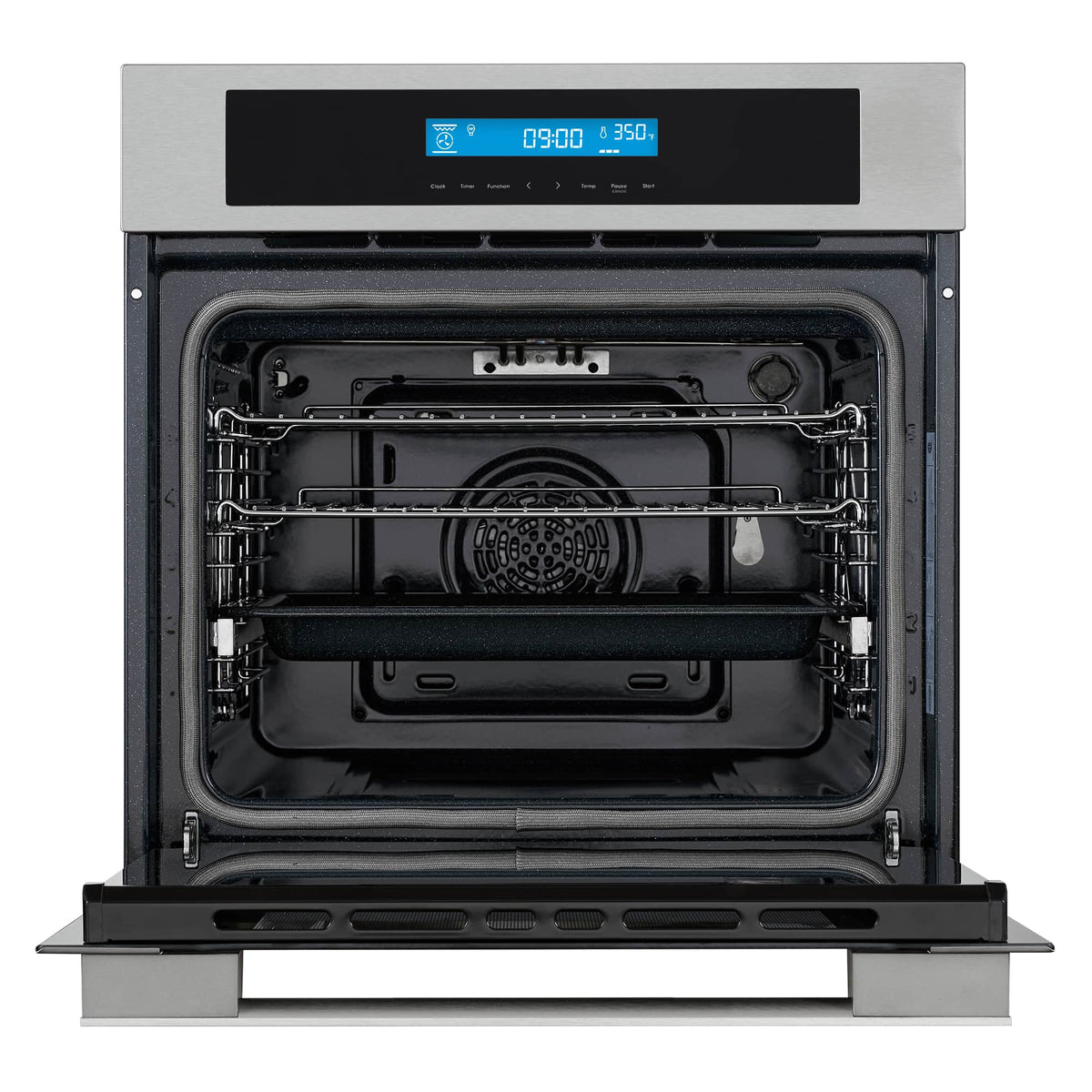 Electric wall oven with door open, black interior, and chrome racks