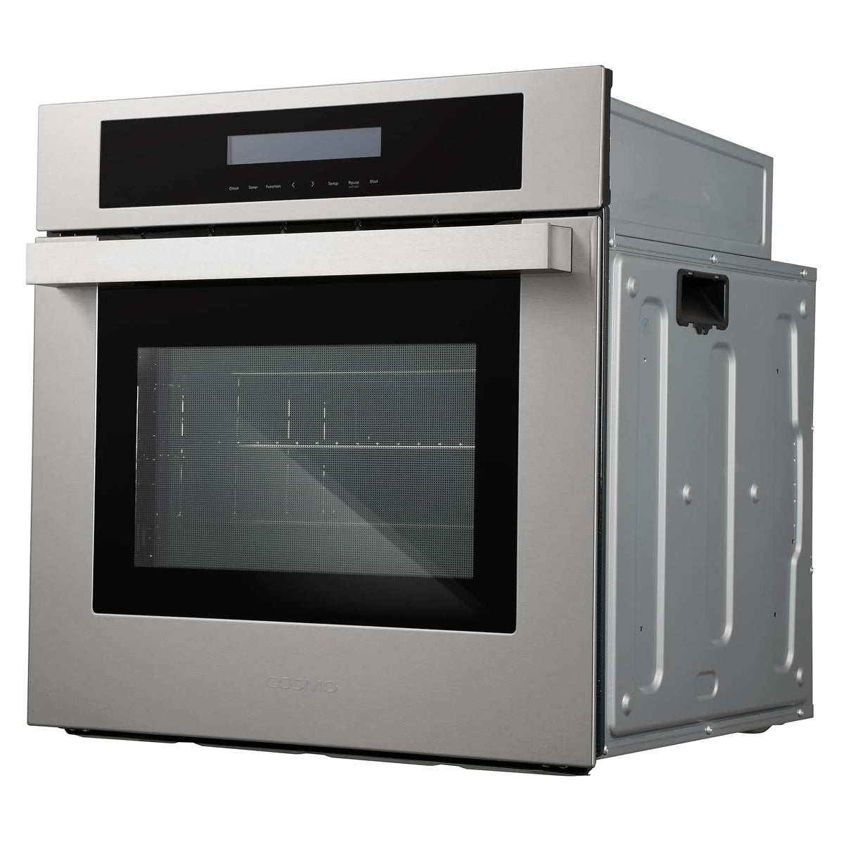 Stainless steel electric wall oven with side service panel and black glass door