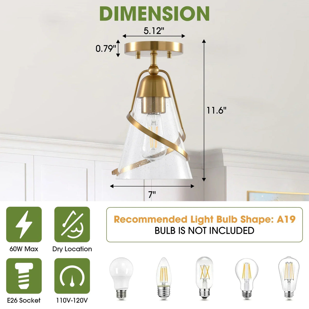 Parrot Uncle 7-Inch Walker 1-Light Semi-Flush Mount Ceiling Light (C3007)