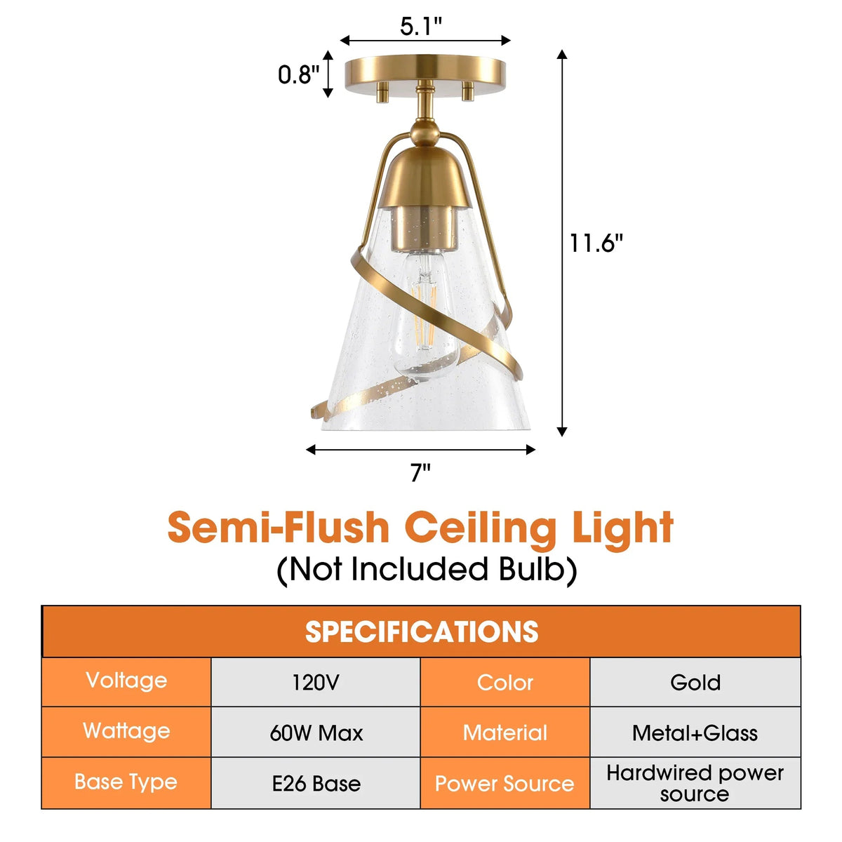 Golden semi-flush mount ceiling light with clear seeded glass shade and E26 base socket