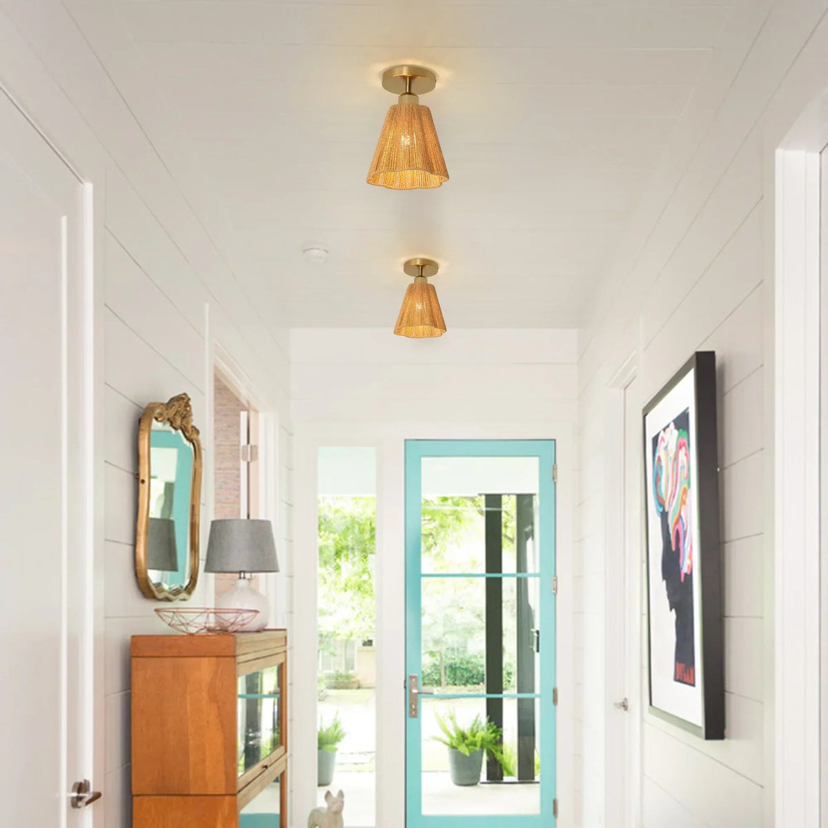 Golden semi-flush mount ceiling light with woven jute drum shades on white ceiling