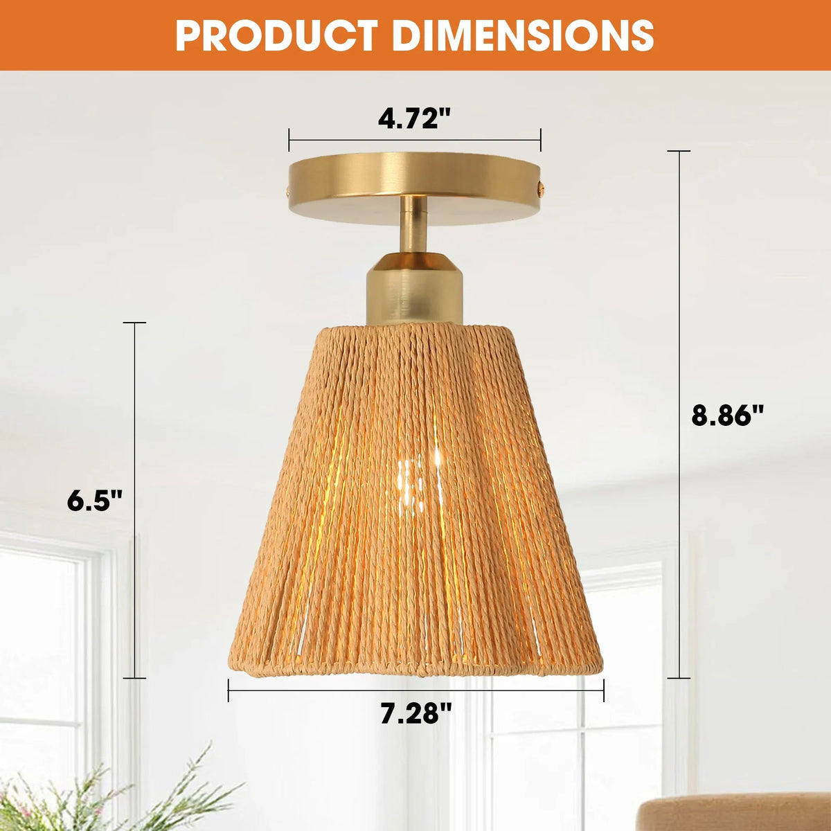 Golden semi-flush ceiling light with hanging rattan drum shade and exposed bulb