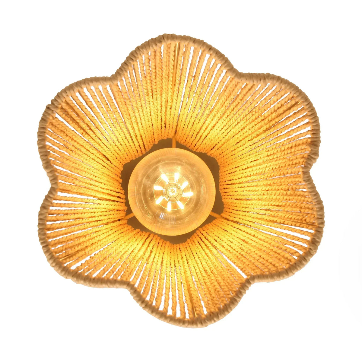 Golden flower-shaped semi-flush mount ceiling light with woven rattan shade and bulb
