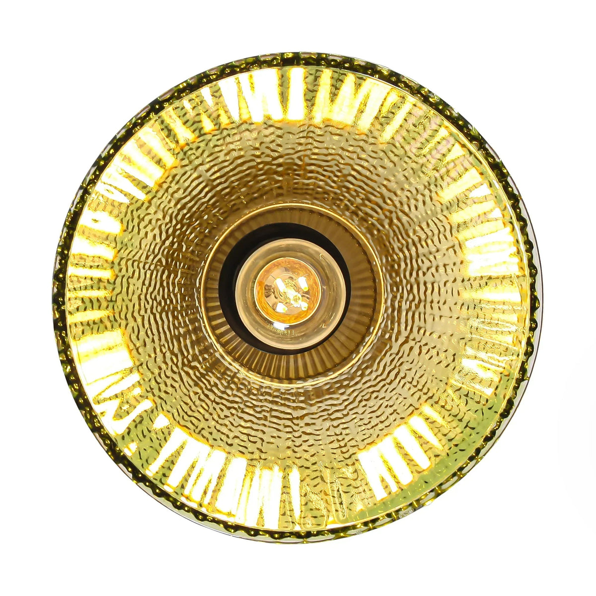 Green ribbed glass pendant shade with glowing bulb and gold trim, round top view