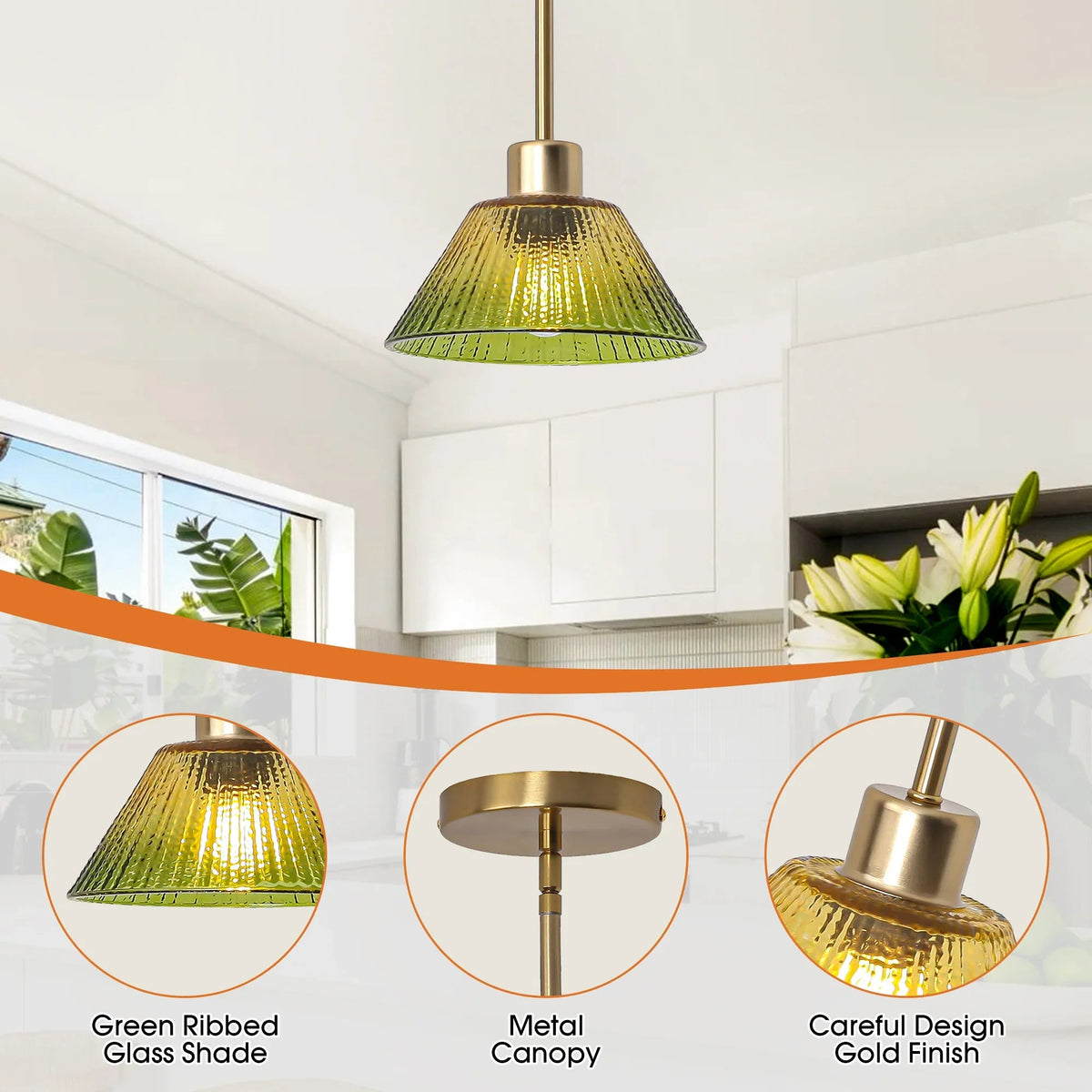 Green ribbed glass pendant shade with gold stem and round ceiling canopy