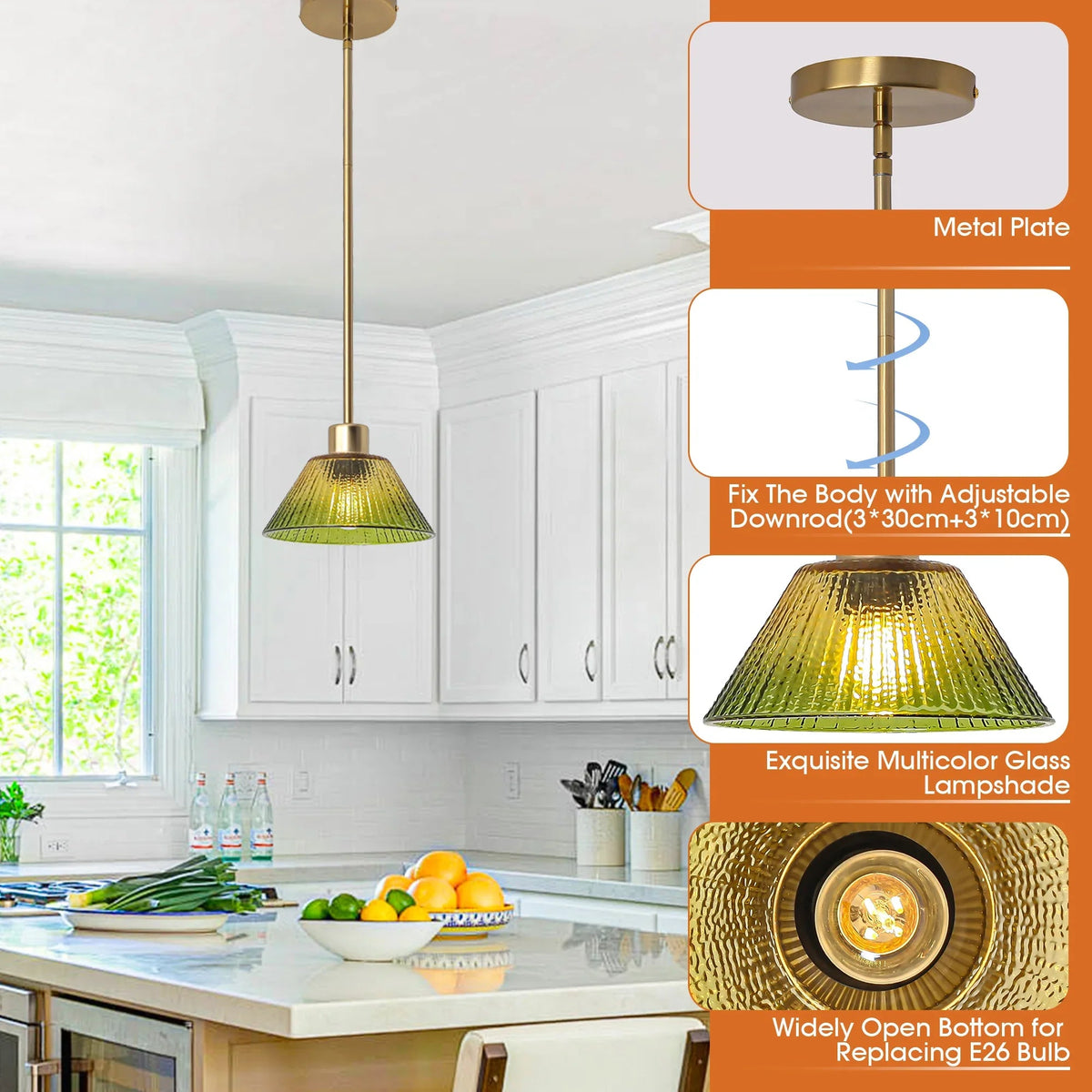 Gold pendant light with green ribbed glass shade and metal mounting plate detail