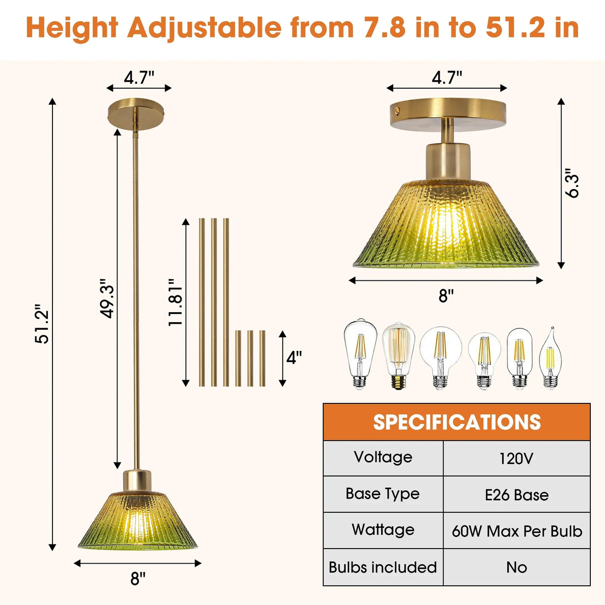 Height-adjustable pendant light with long gold stem and green ribbed glass shade