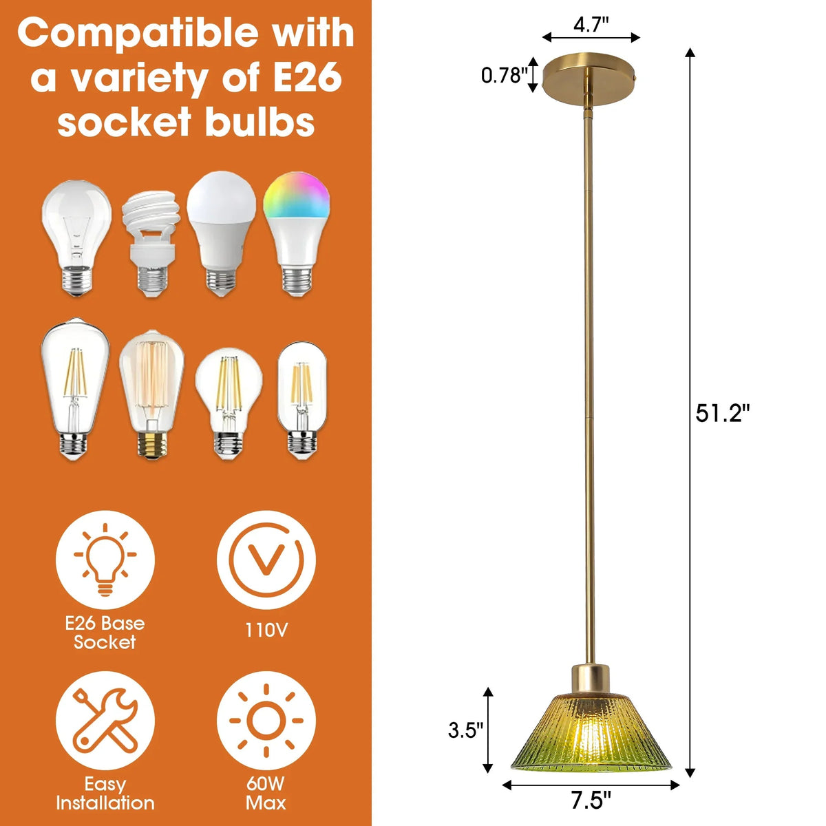 Gold stem pendant light with green ribbed glass shade for standard E26 socket bulbs