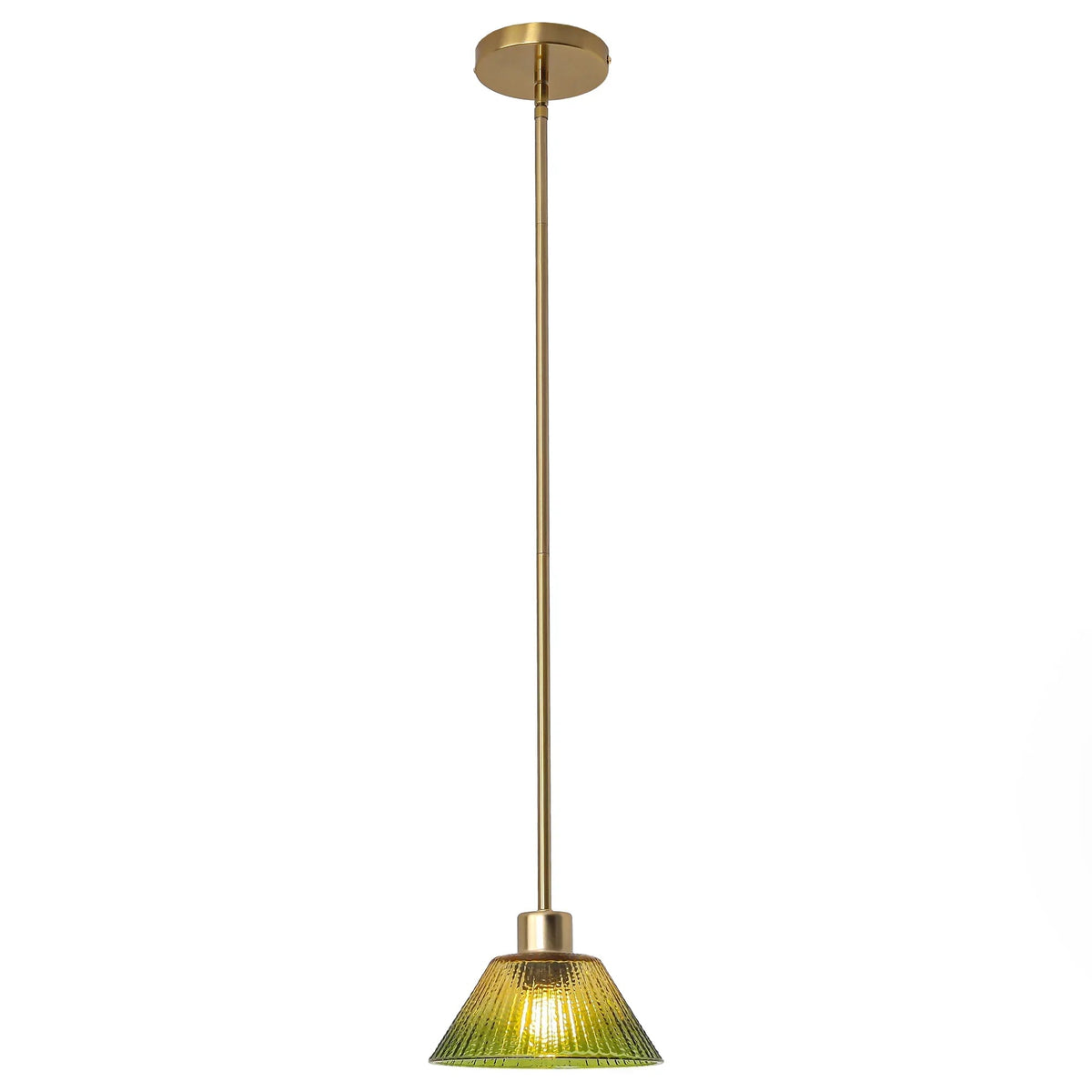 Gold stem pendant light with small green ribbed glass shade and round canopy