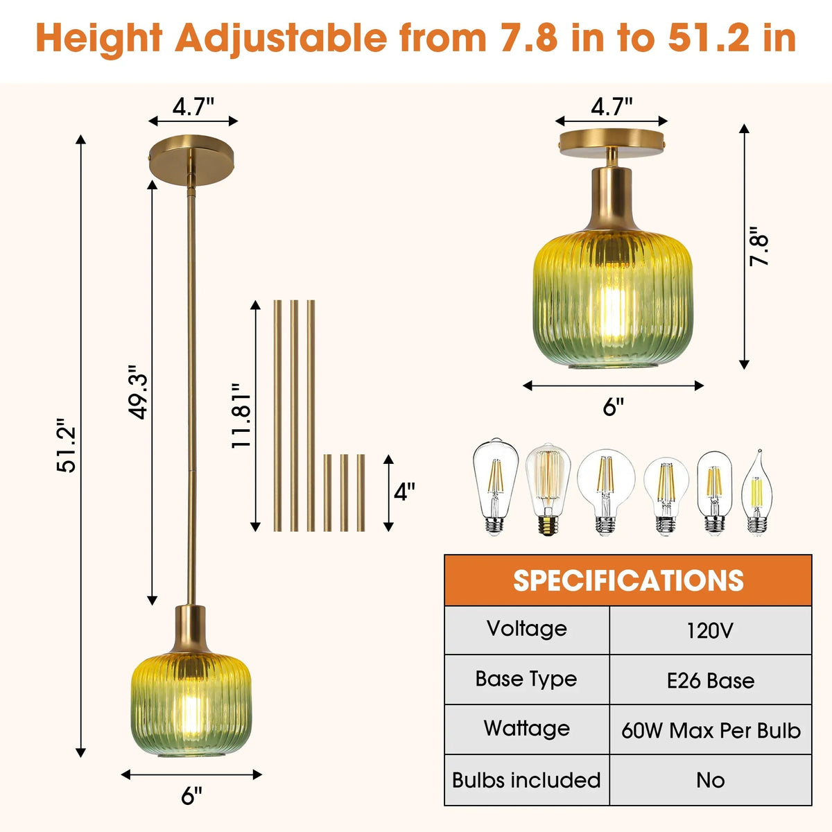 Measurement diagram for green ribbed glass pendant light with brass canopy