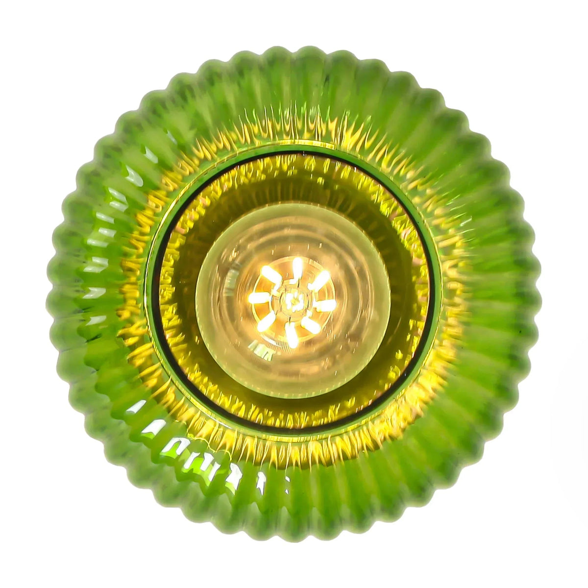 Green ribbed glass pendant shade with warm gold interior and brass trim