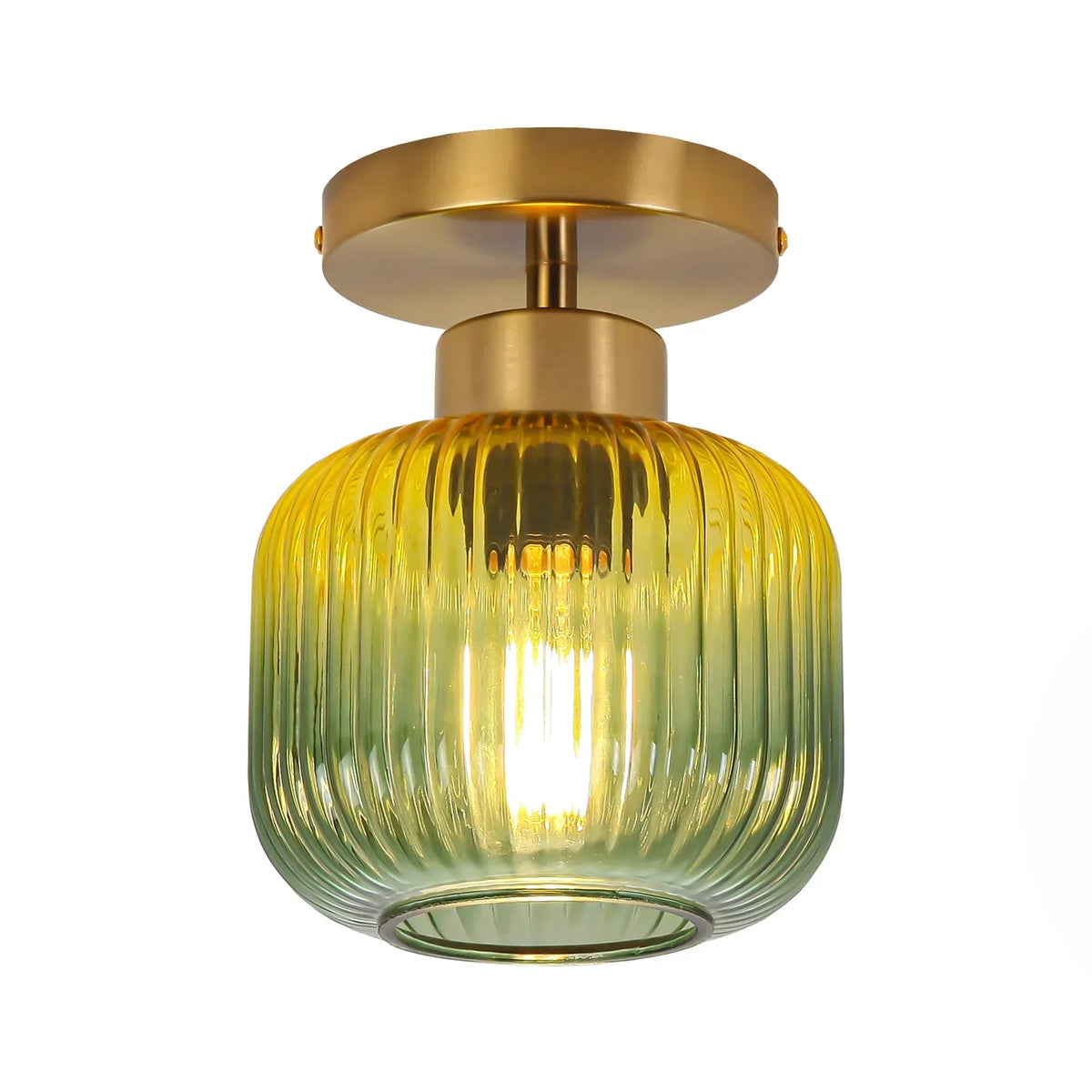Green striped glass globe semi-flush mount ceiling light with brass canopy