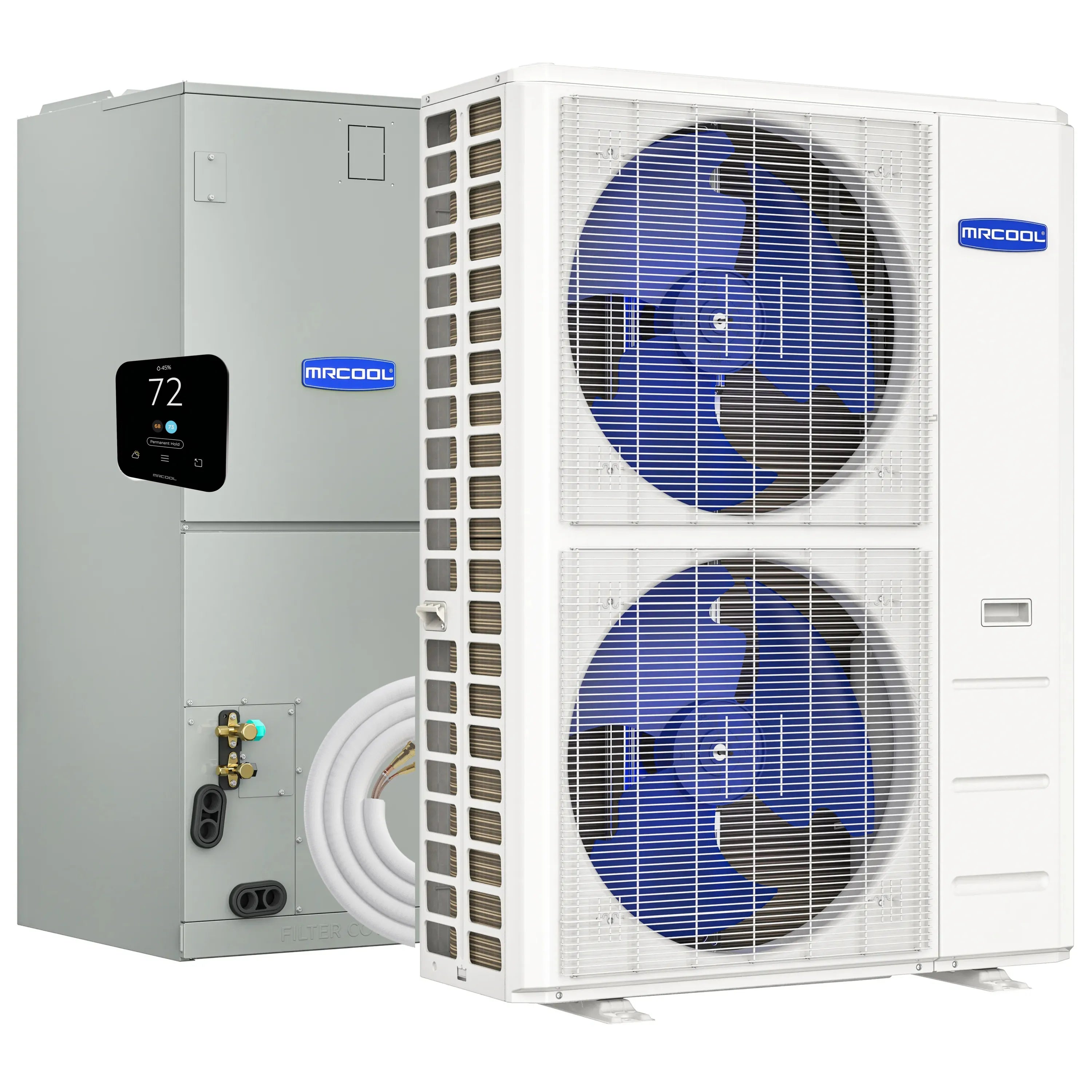 MRCOOL heat pump condenser with two front fans and white metal casing