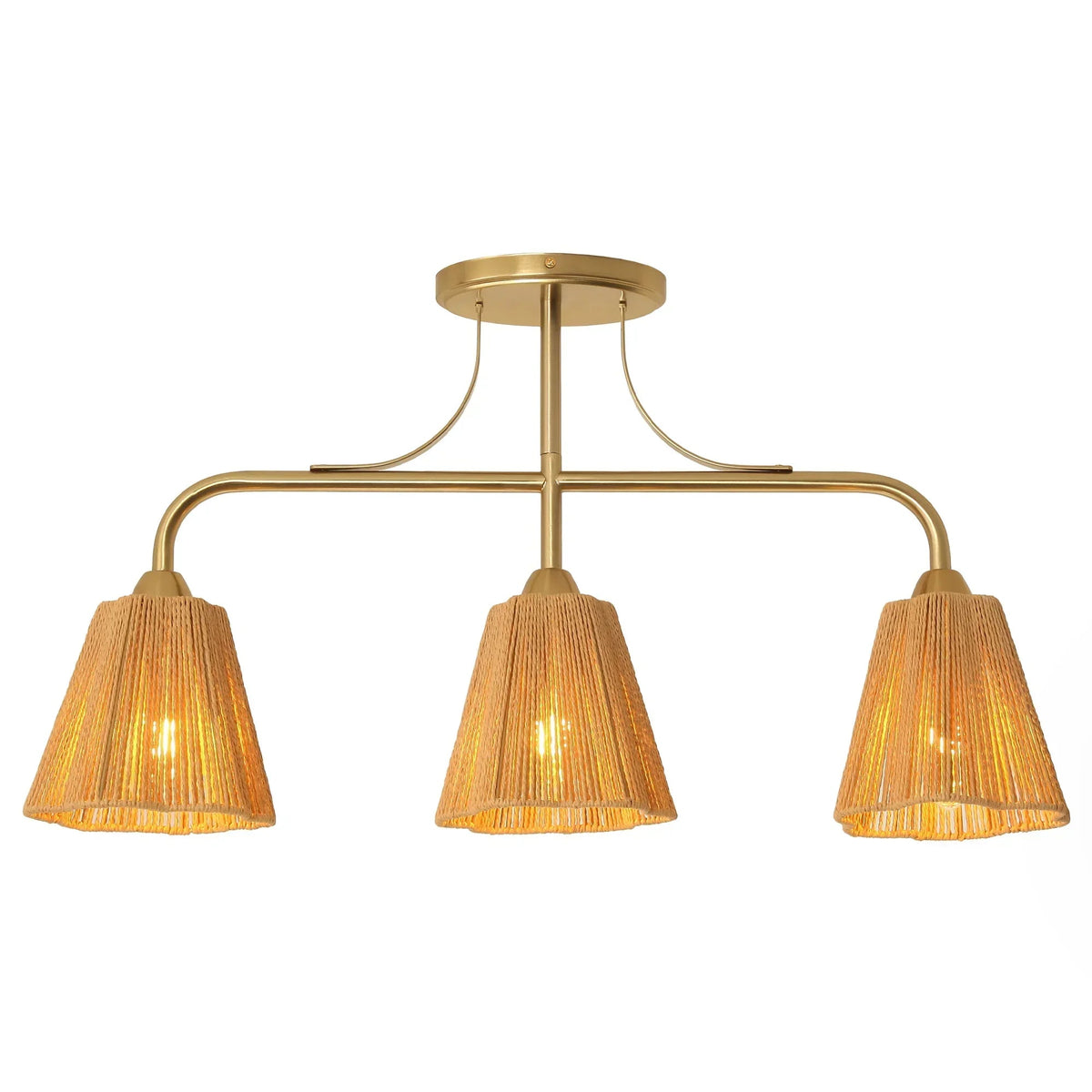 Golden 3-light chandelier with three paddy fabric shades and curved metal arms