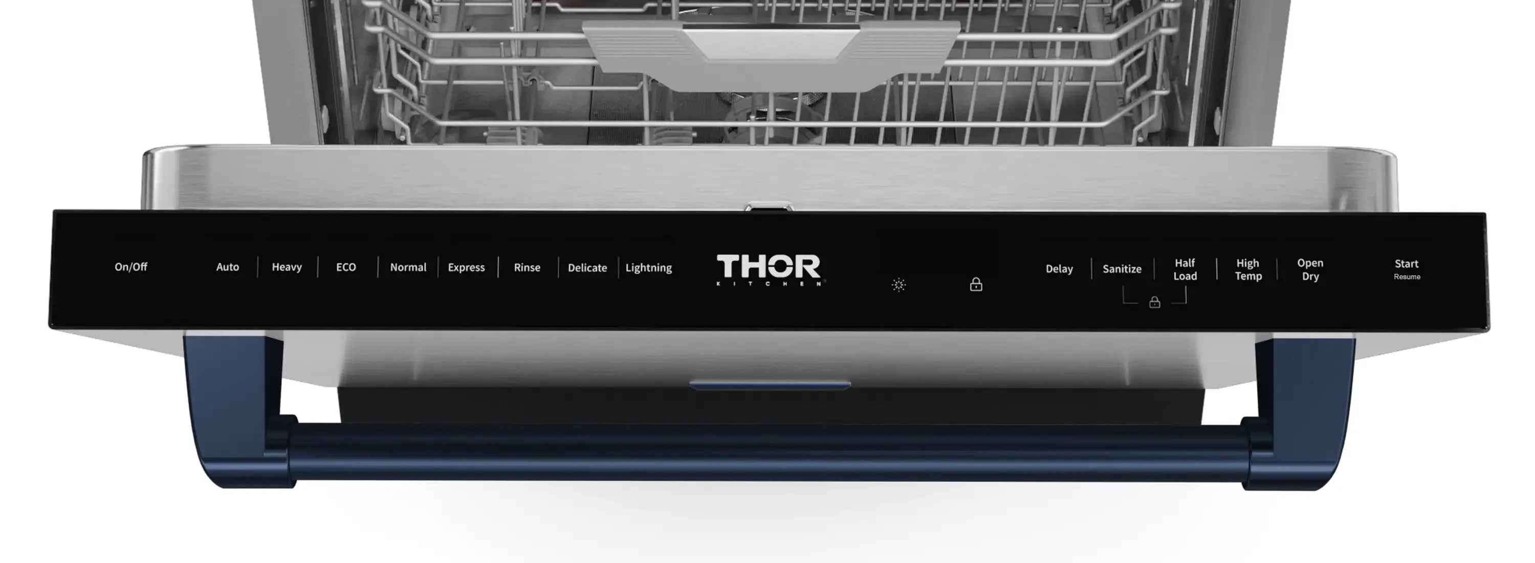 Electric range front control panel with THOR logo and button icons.