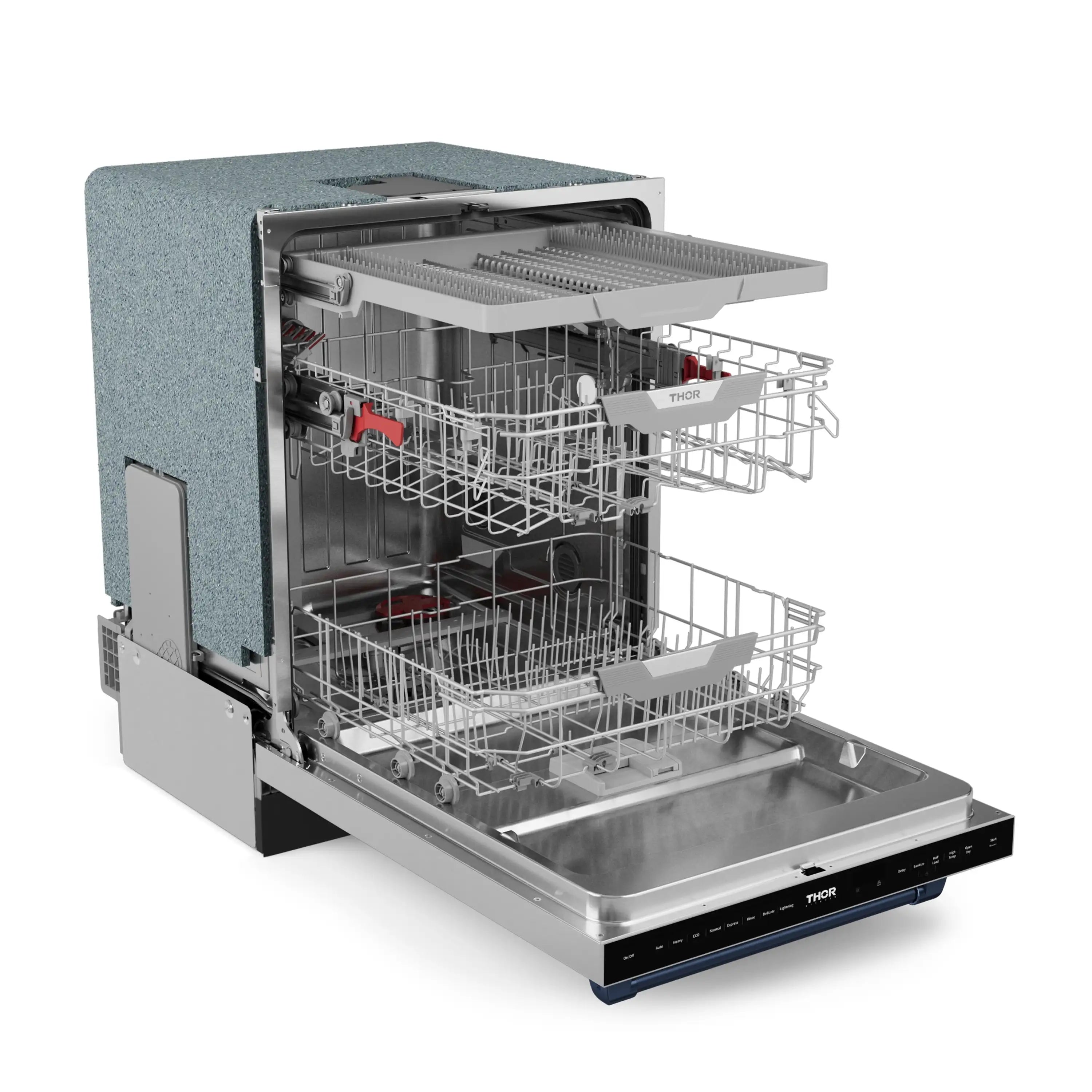 Stainless dishwasher with open door, wire racks and spray area