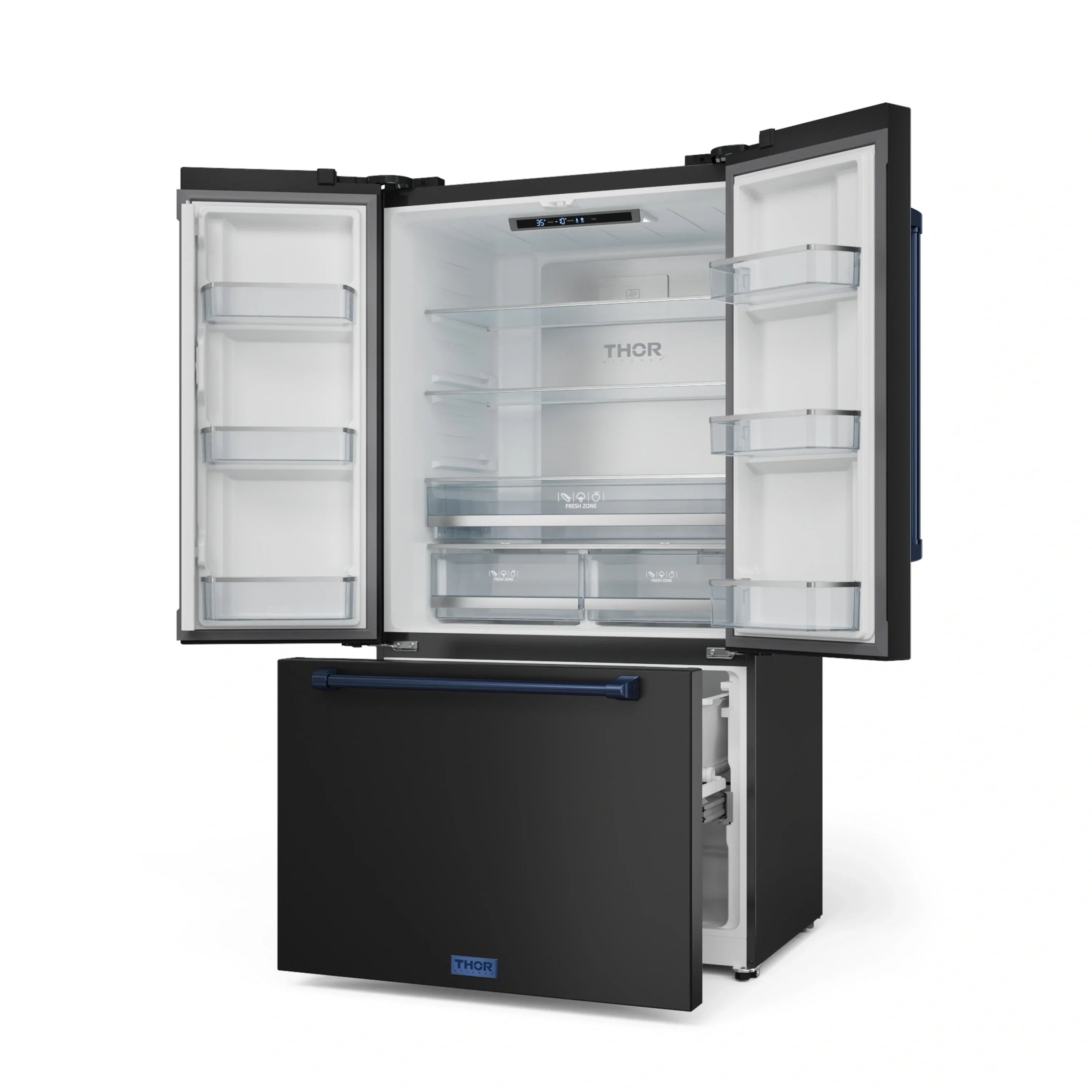 Open black refrigerator showing glass shelves and white door racks