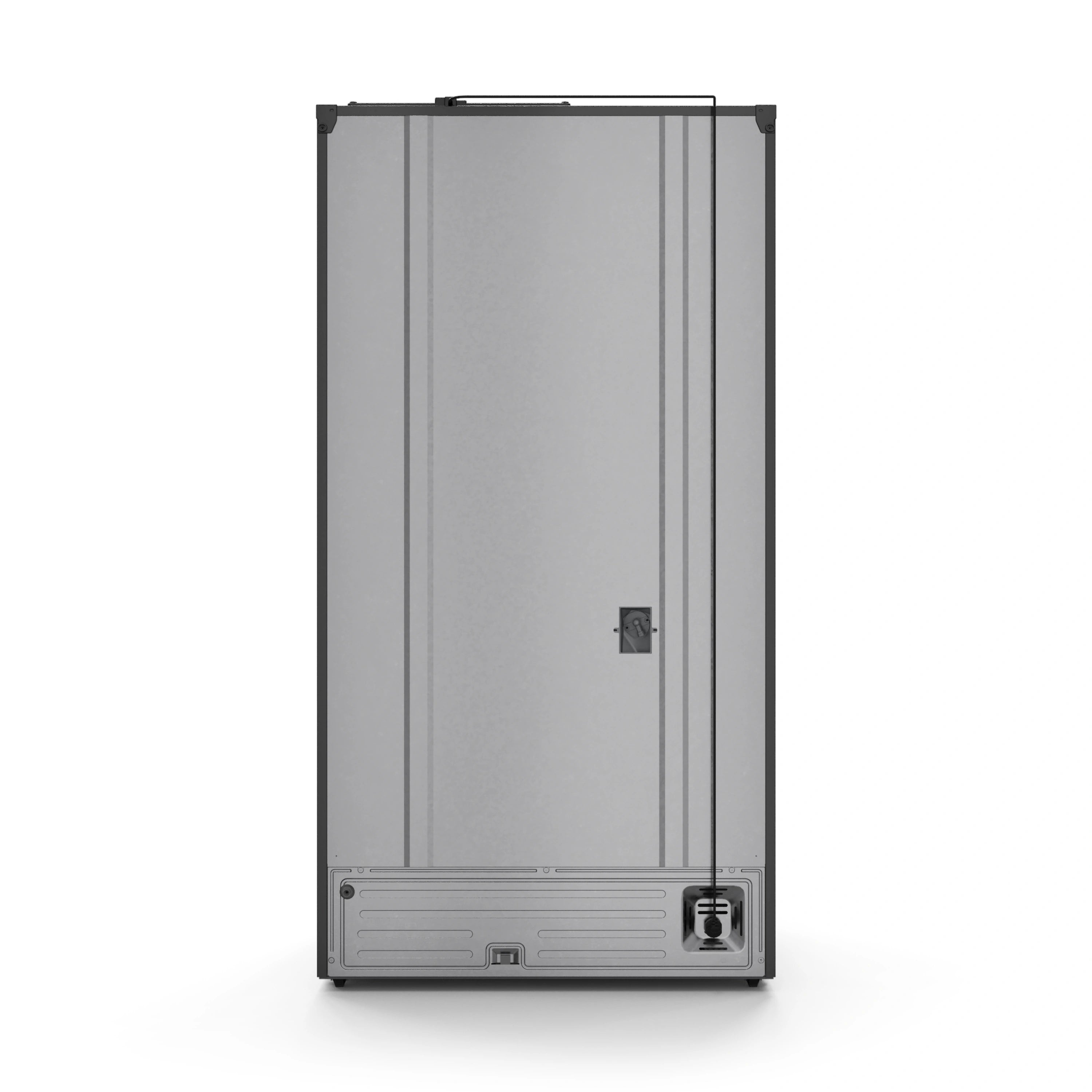 Black French-door refrigerator with navy handles, closed front with dispenser area