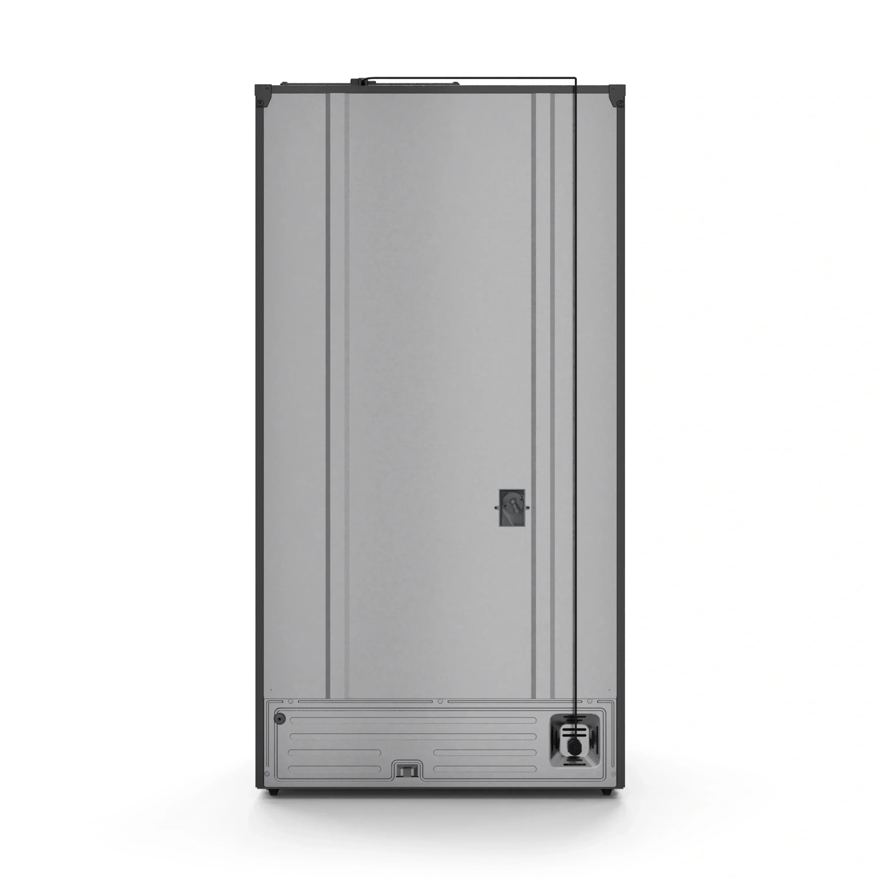Black refrigerator doors closed with bottom grille and dispenser panel