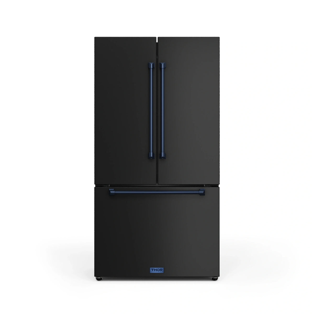 Counter-depth refrigerator, black with blue handle trim and double doors