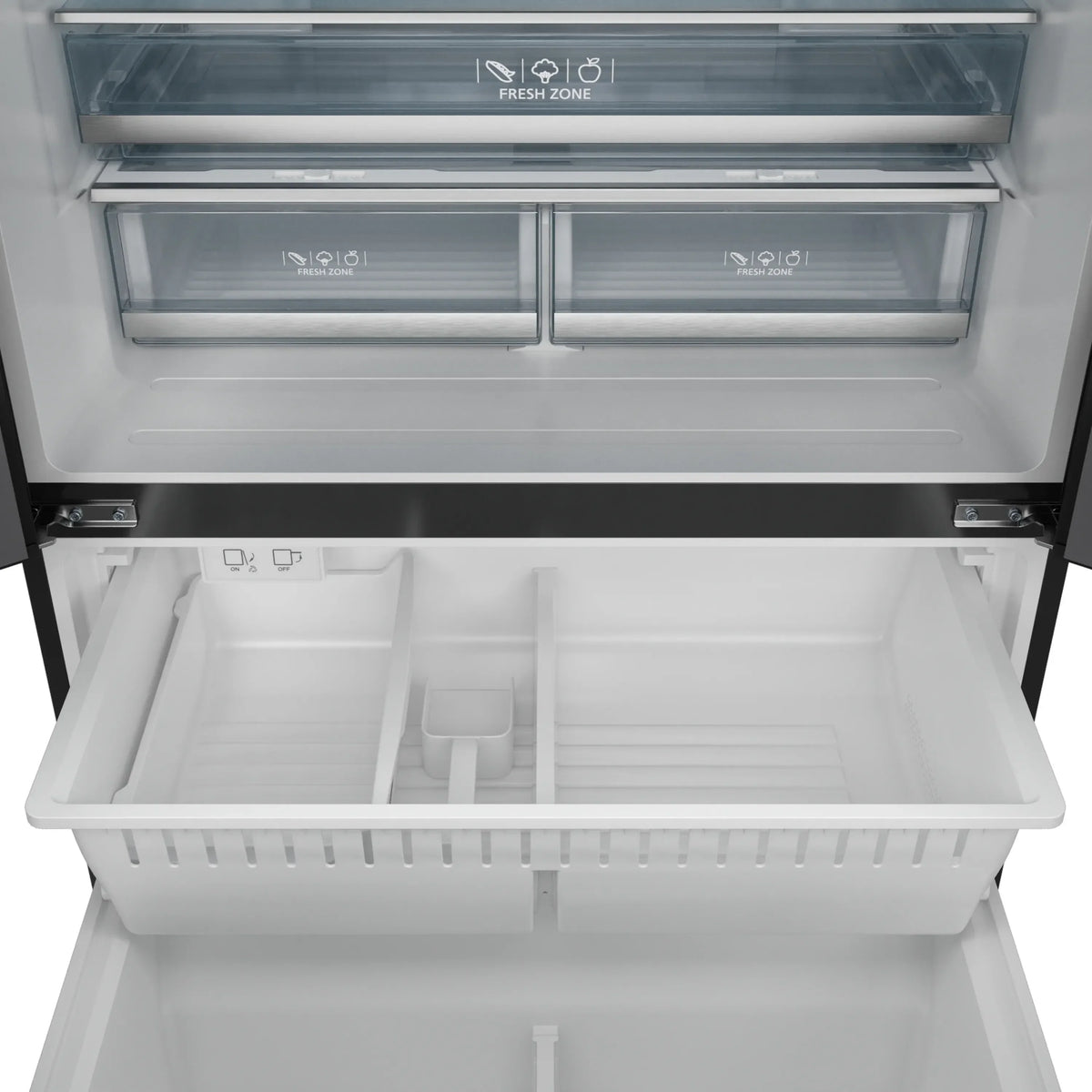 White freezer interior with drawers and FRESH ZONE vent controls