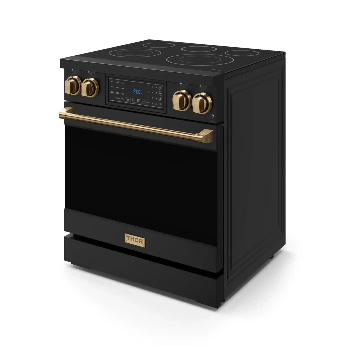 Black electric range side view with bronze knobs and digital tilt-panel display