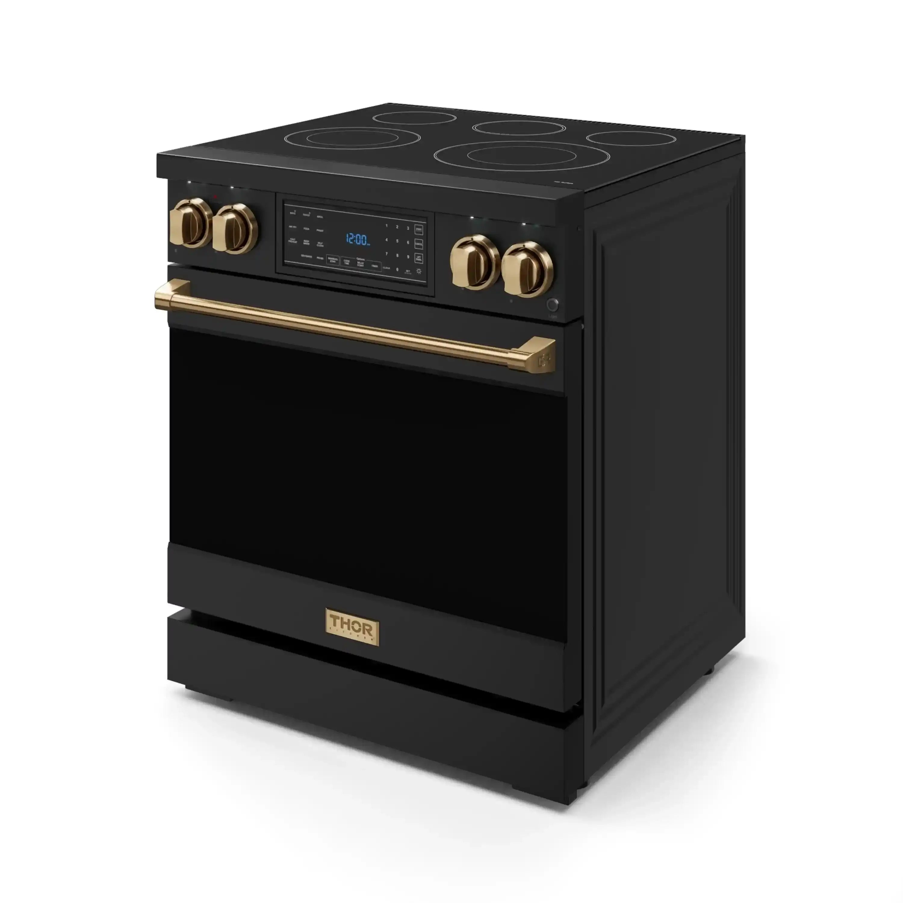 Black freestanding range with gold knobs and gold-accented oven handle