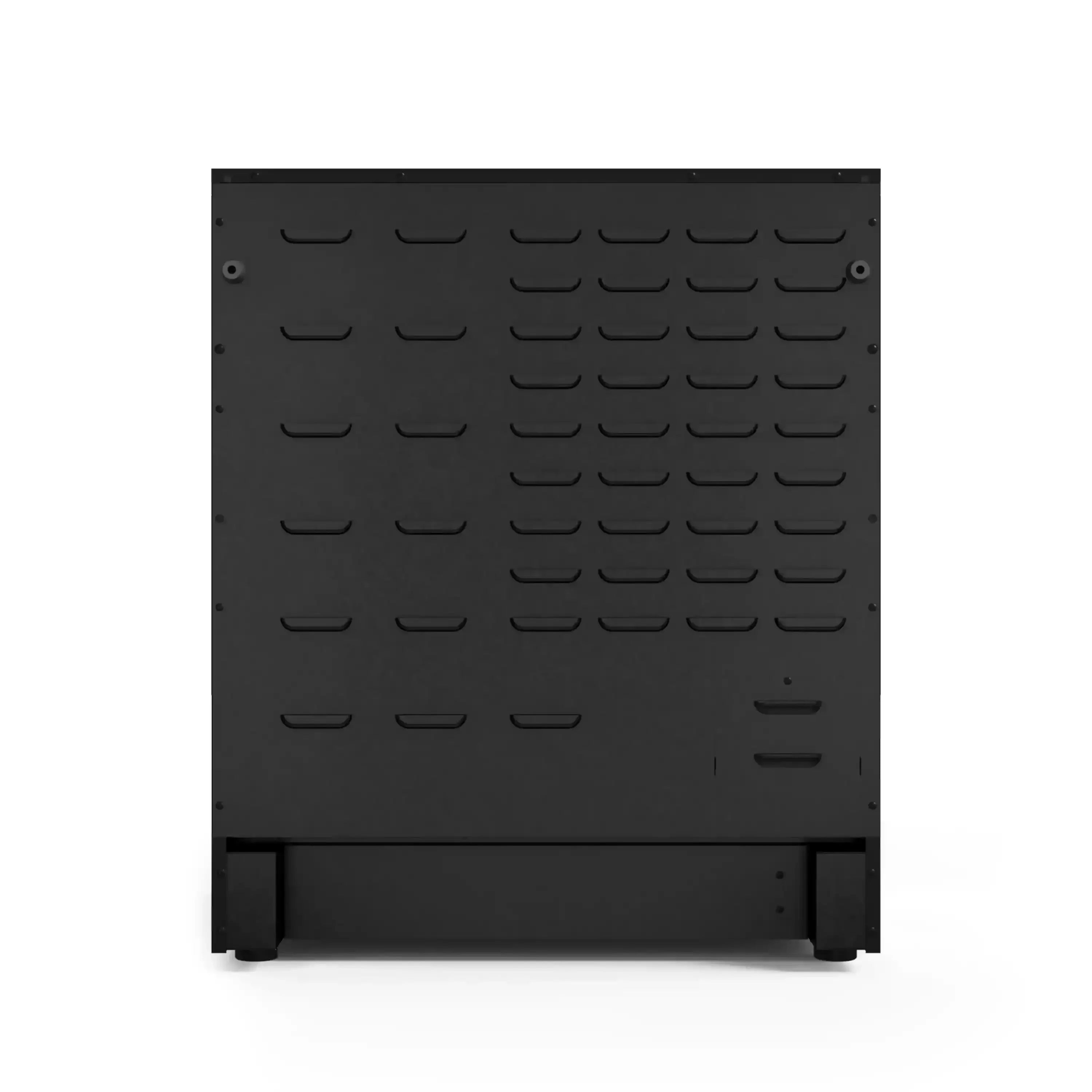 Black electric oven door with textured vents and control panel
