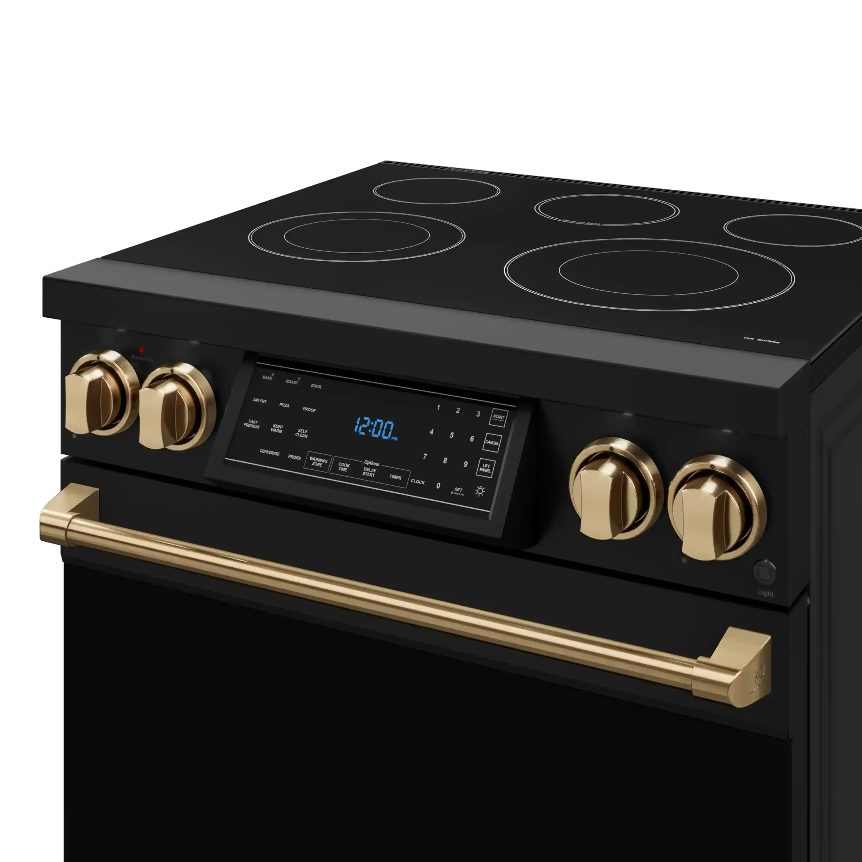 Black electric range with digital control panel and gold-tone knobs