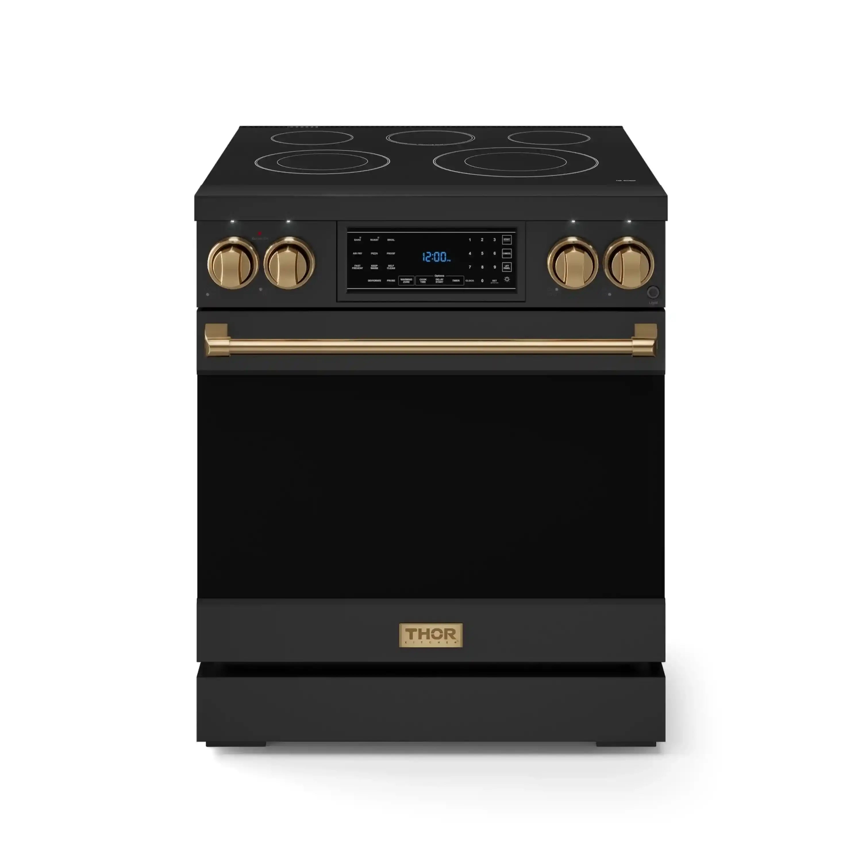 Black 30-inch electric range with bronze knobs, glass touch display, and oven door