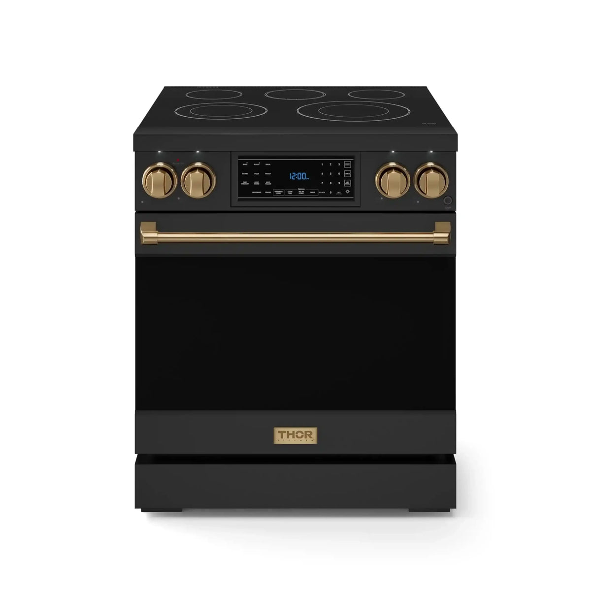 Black electric range front view with glass cooktop and bronze control knobs