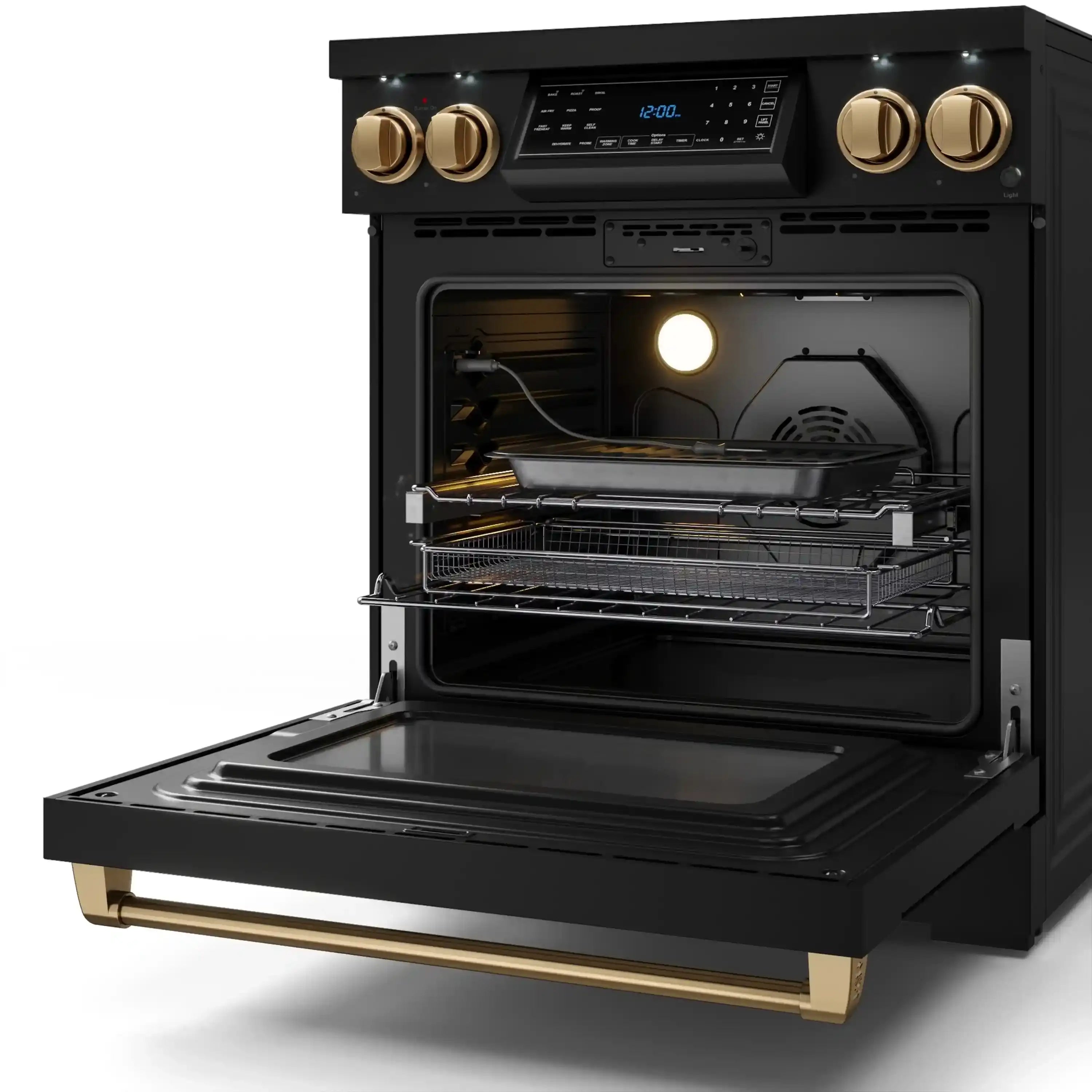 Black range with lit oven cavity and open door