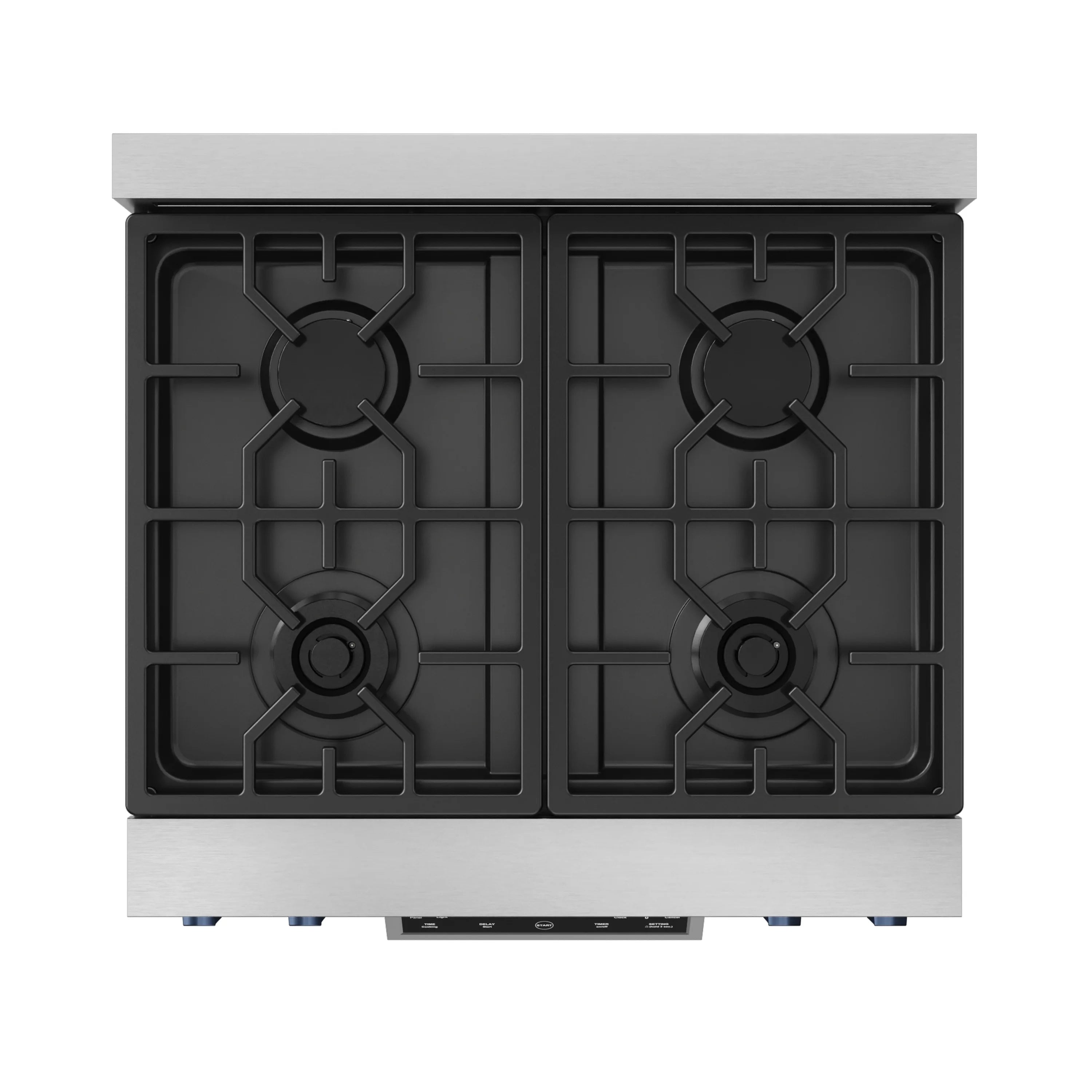 Stainless cooktop with two burner grates and black burner caps.
