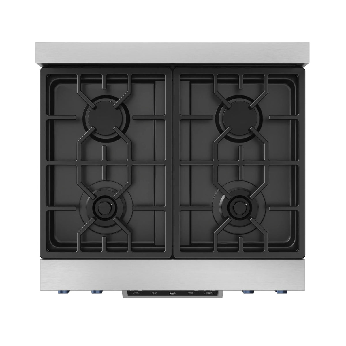 Stainless steel dual-section cooktop with four burners and black grates