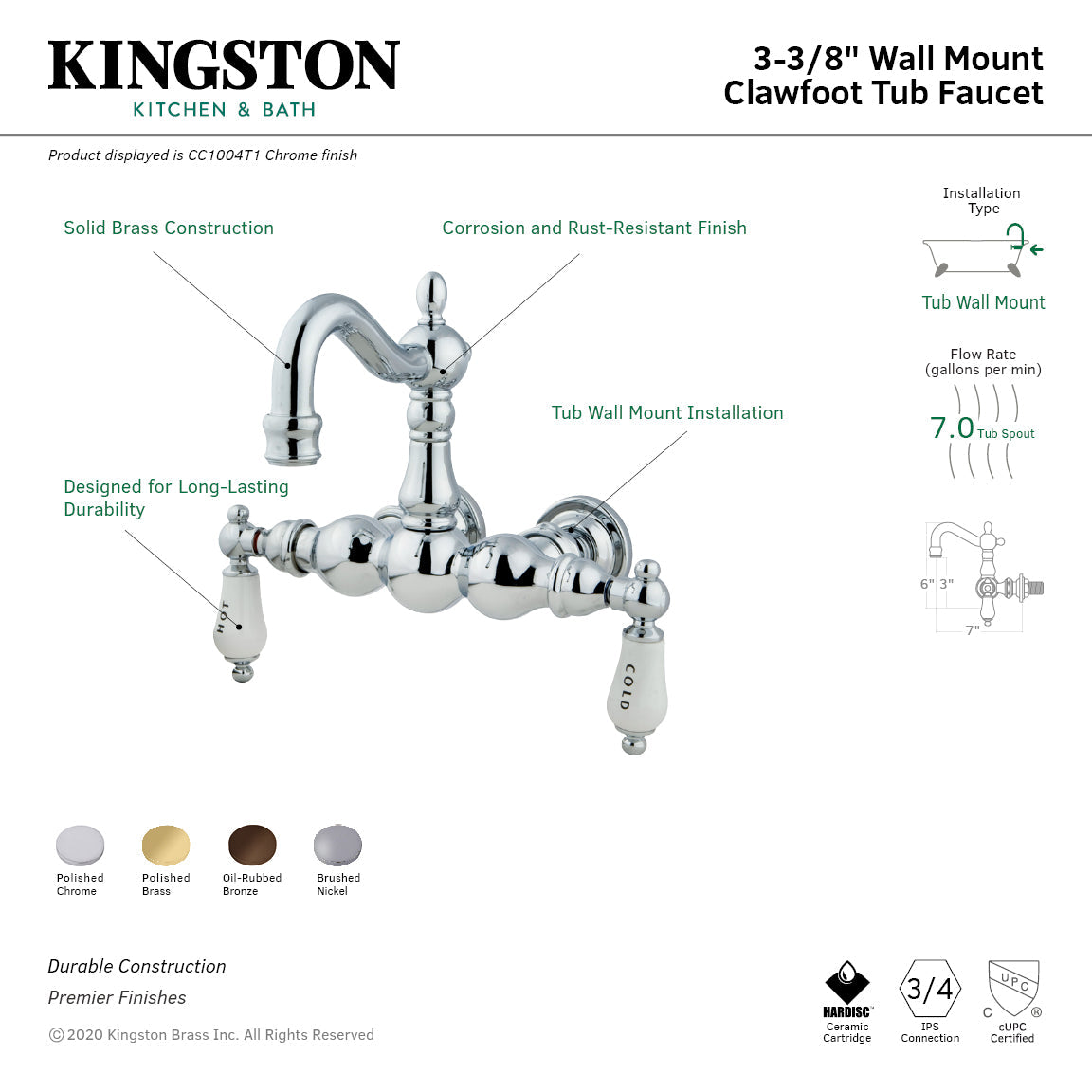 Vintage 3-3/8-Inch Wall Mount Tub Faucet in Polished Brass