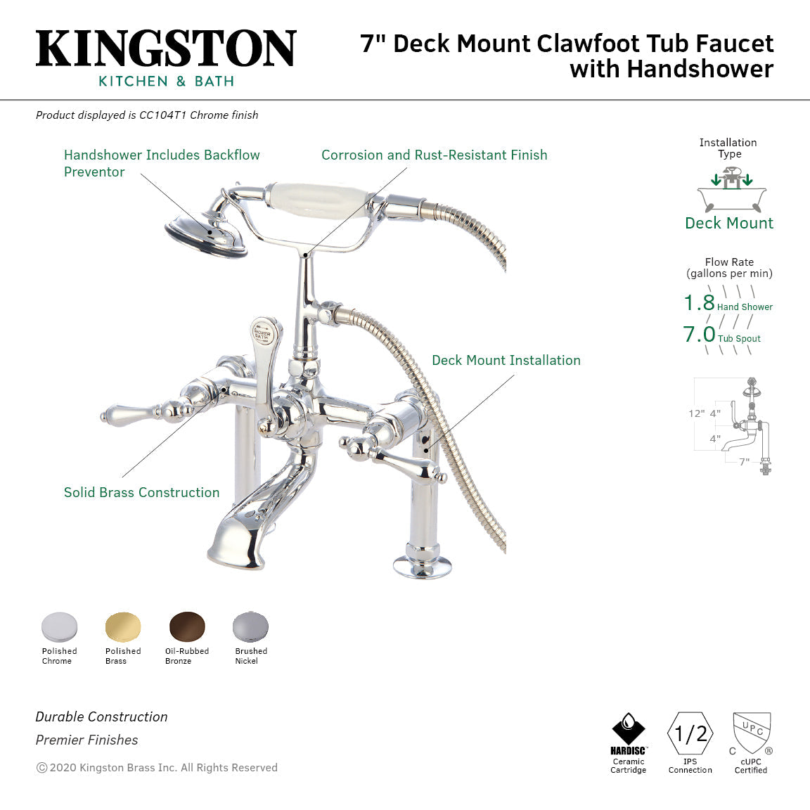 Vintage 7" Center Deck-Mount Clawfoot Tub Faucet with Hand Shower in Polished Chrome