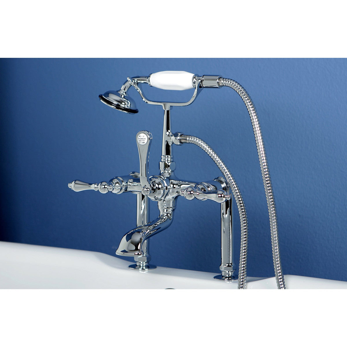 Vintage 7" Center Deck-Mount Clawfoot Tub Faucet with Hand Shower in Polished Chrome
