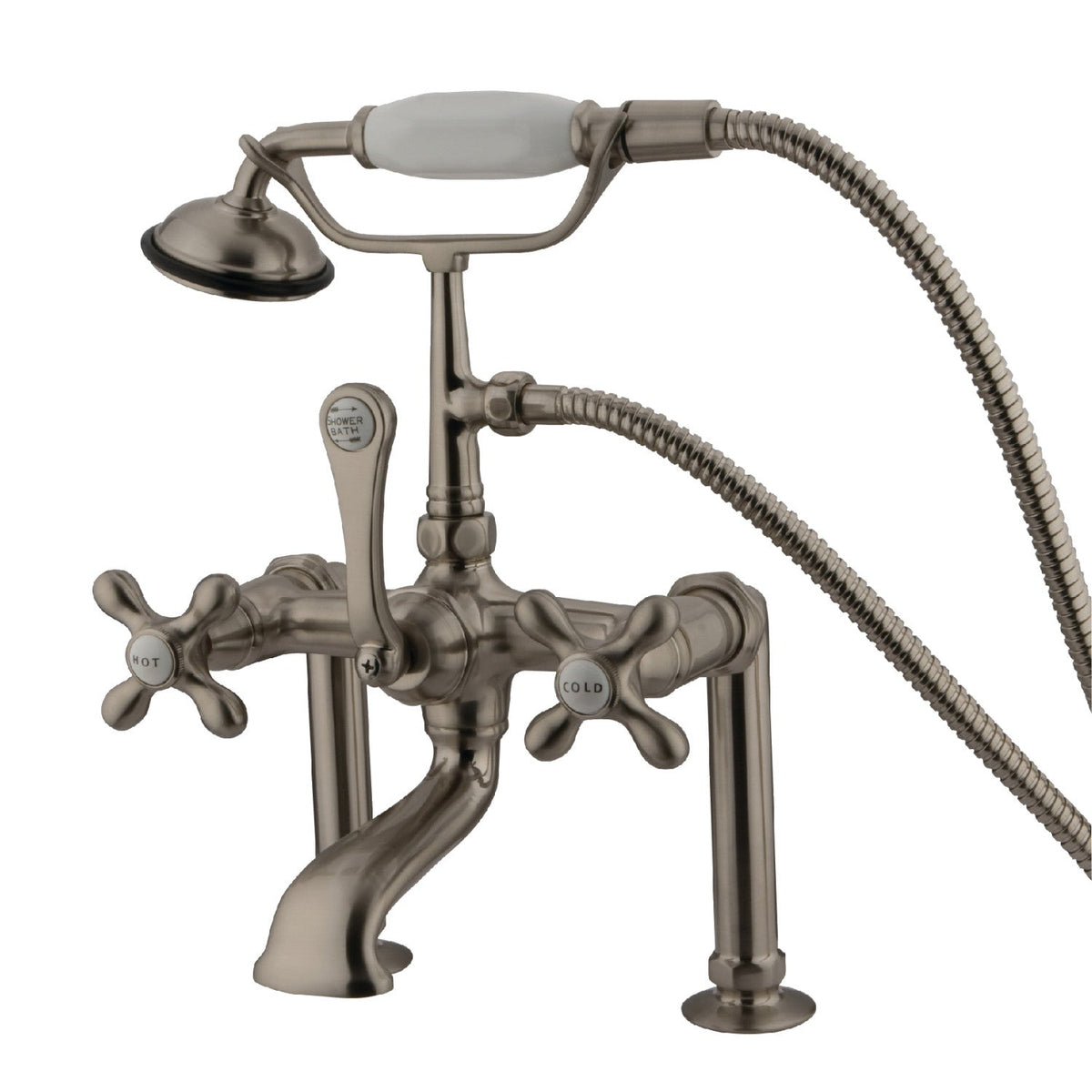 Vintage 7" Center Deck-Mount Clawfoot Tub Faucet with Hand Shower in Brushed Nickel