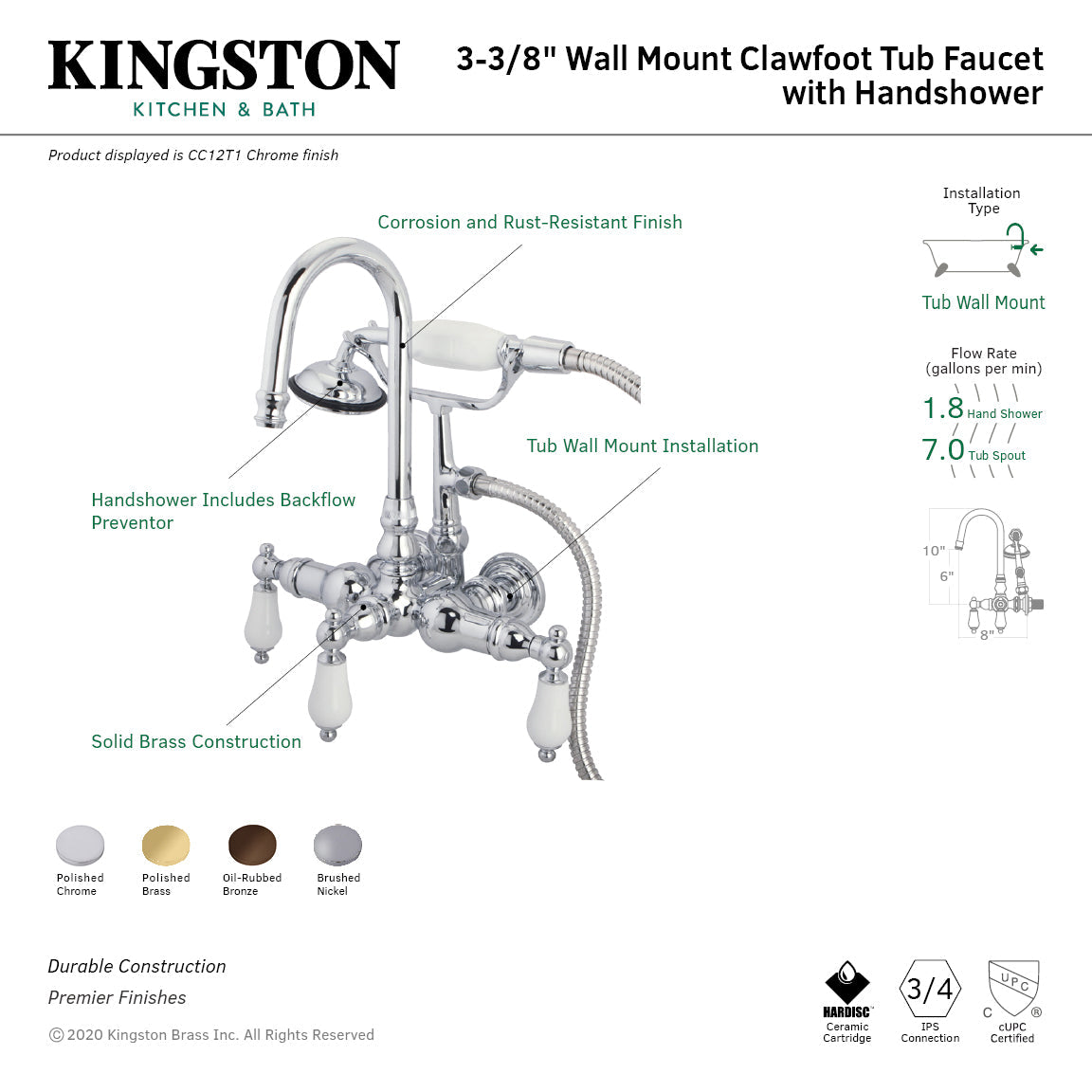 Vintage 3-3/8" Wall Mount Tub Faucet with Hand Shower in Brushed Nickel