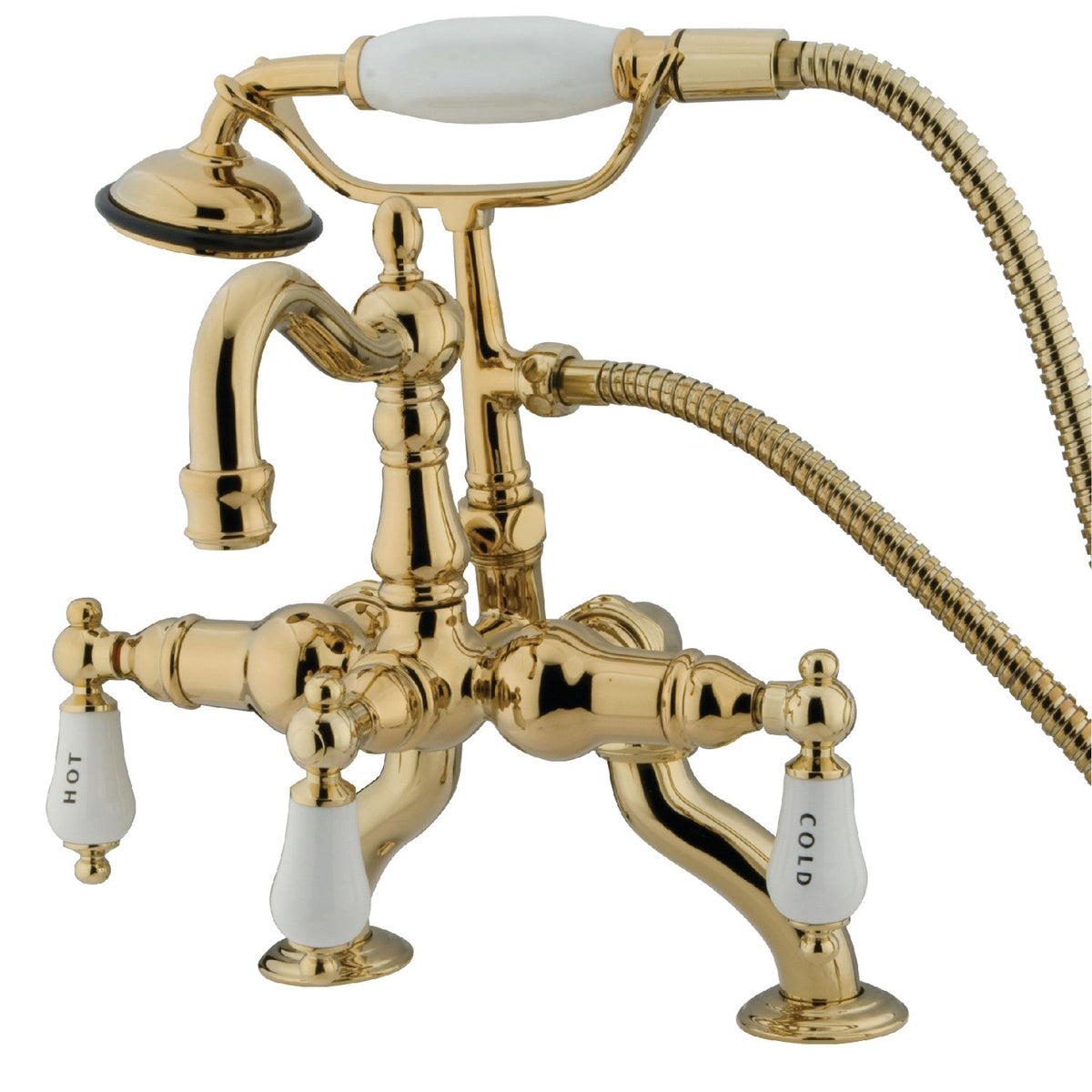 Vintage 3-3/8" Adjustable Center Deck-Mount Clawfoot Tub Faucet with Hand Shower in Polished Brass