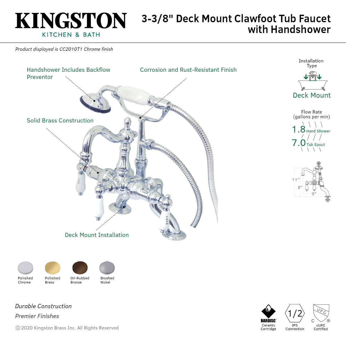 Vintage 3-3/8" Adjustable Center Deck-Mount Clawfoot Tub Faucet with Hand Shower in Brushed Nickel