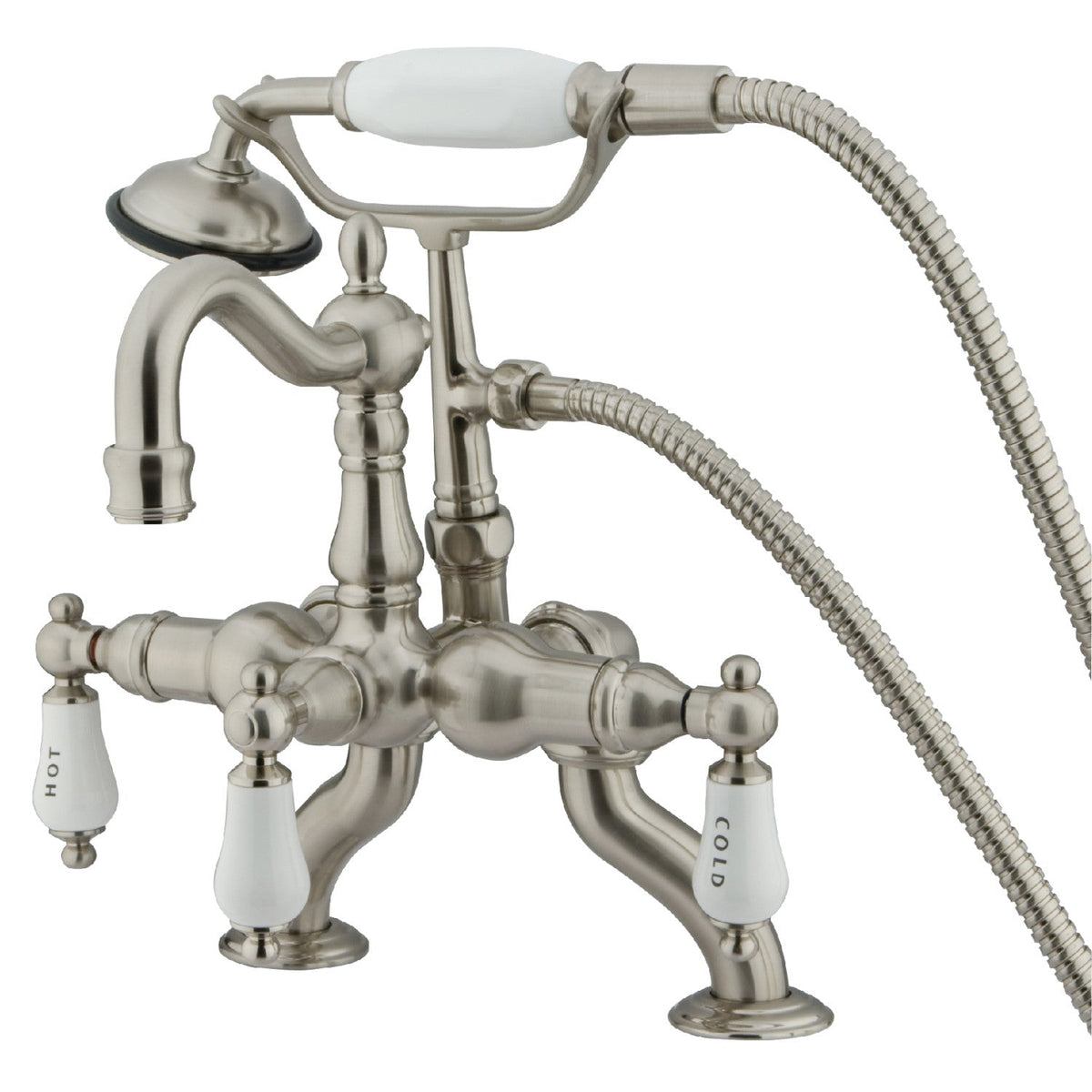 Vintage 3-3/8" Adjustable Center Deck-Mount Clawfoot Tub Faucet with Hand Shower in Brushed Nickel