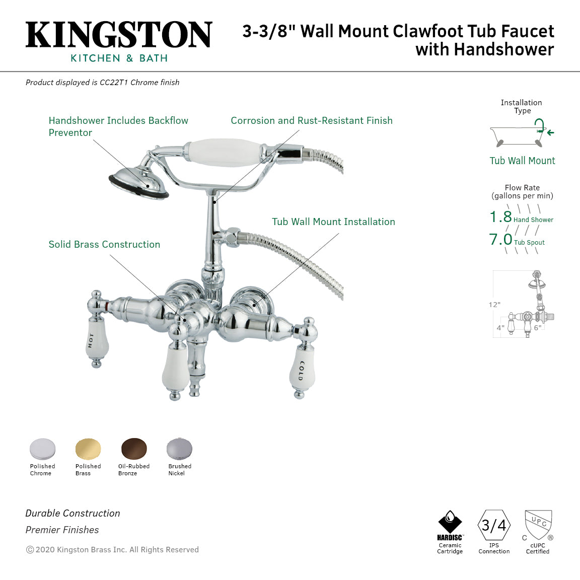 Vintage 3-3/8-Inch Wall Mount Tub Faucet with Hand Shower in Brushed Nickel