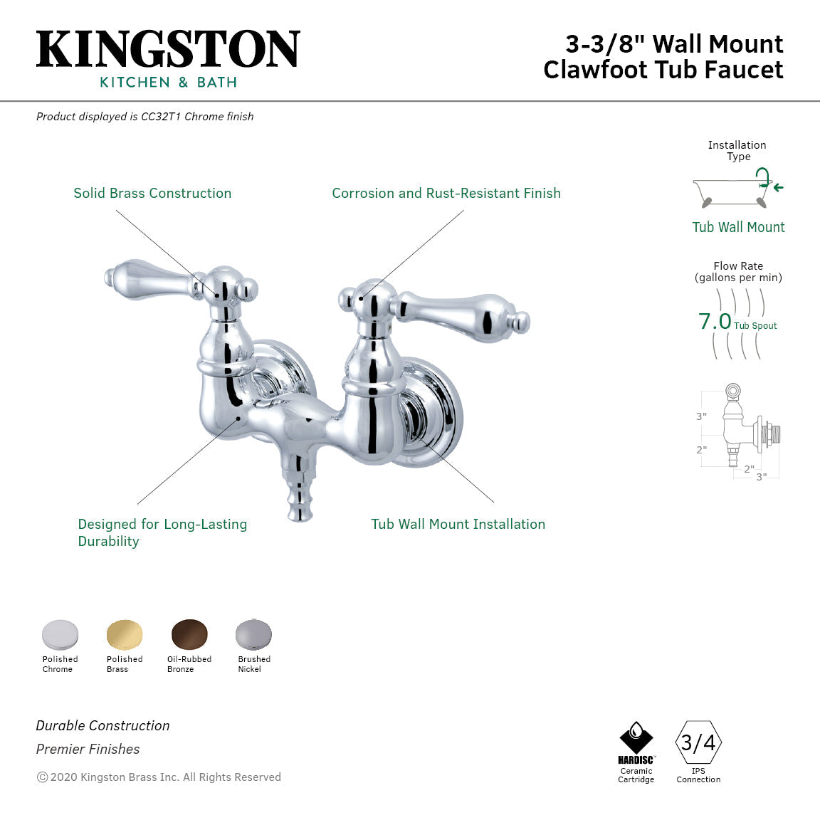 Vintage 3-3/8-Inch Wall Mount Tub Faucet in Brushed Nickel