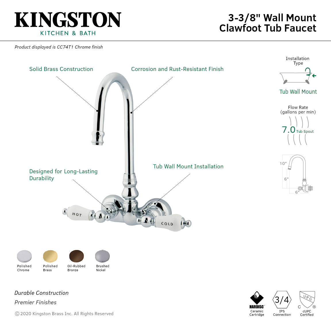 Vintage 3-3/8-Inch Wall Mount Tub Faucet in Polished Brass
