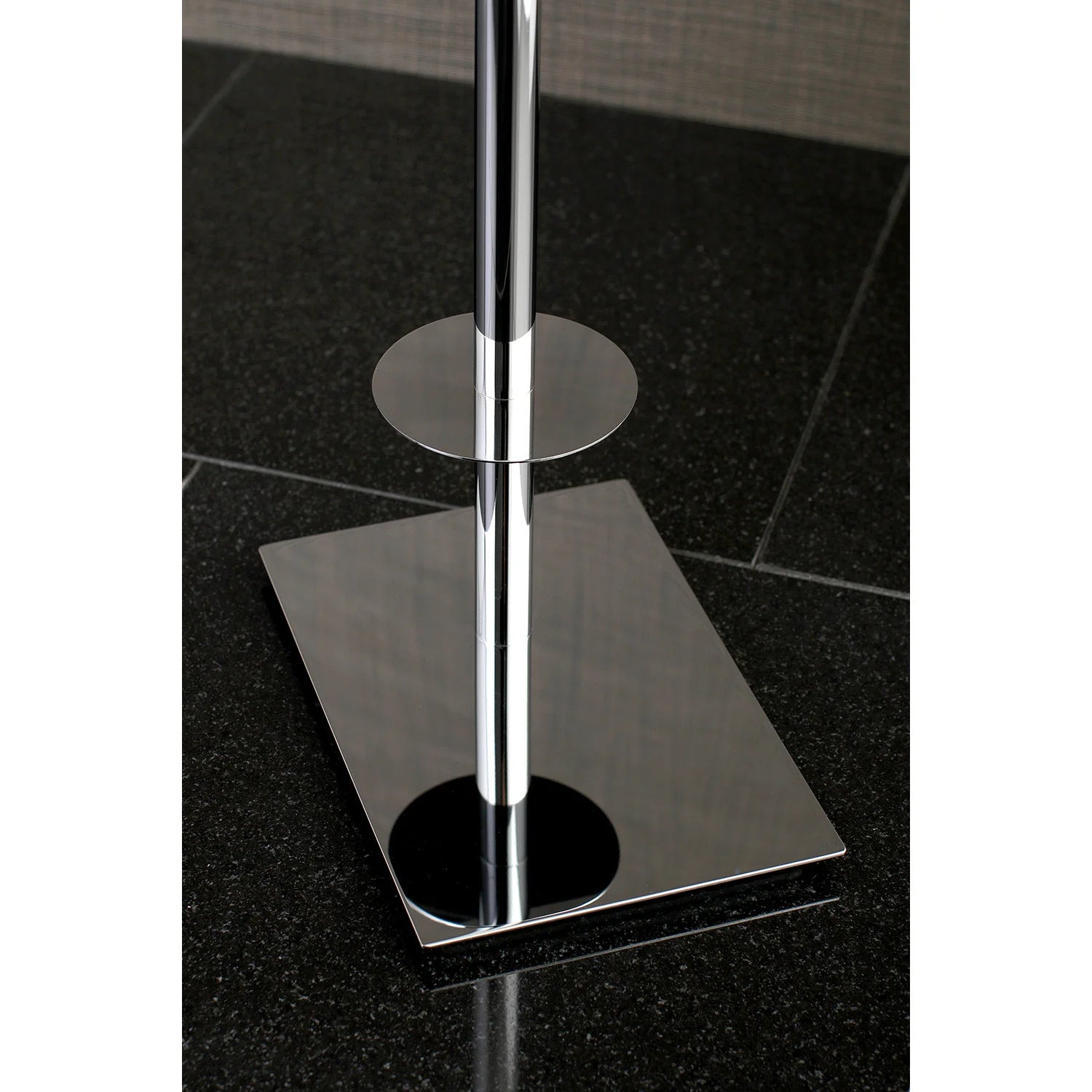 Freestanding toilet paper holder polished chrome, with tall post and round pedestal base
