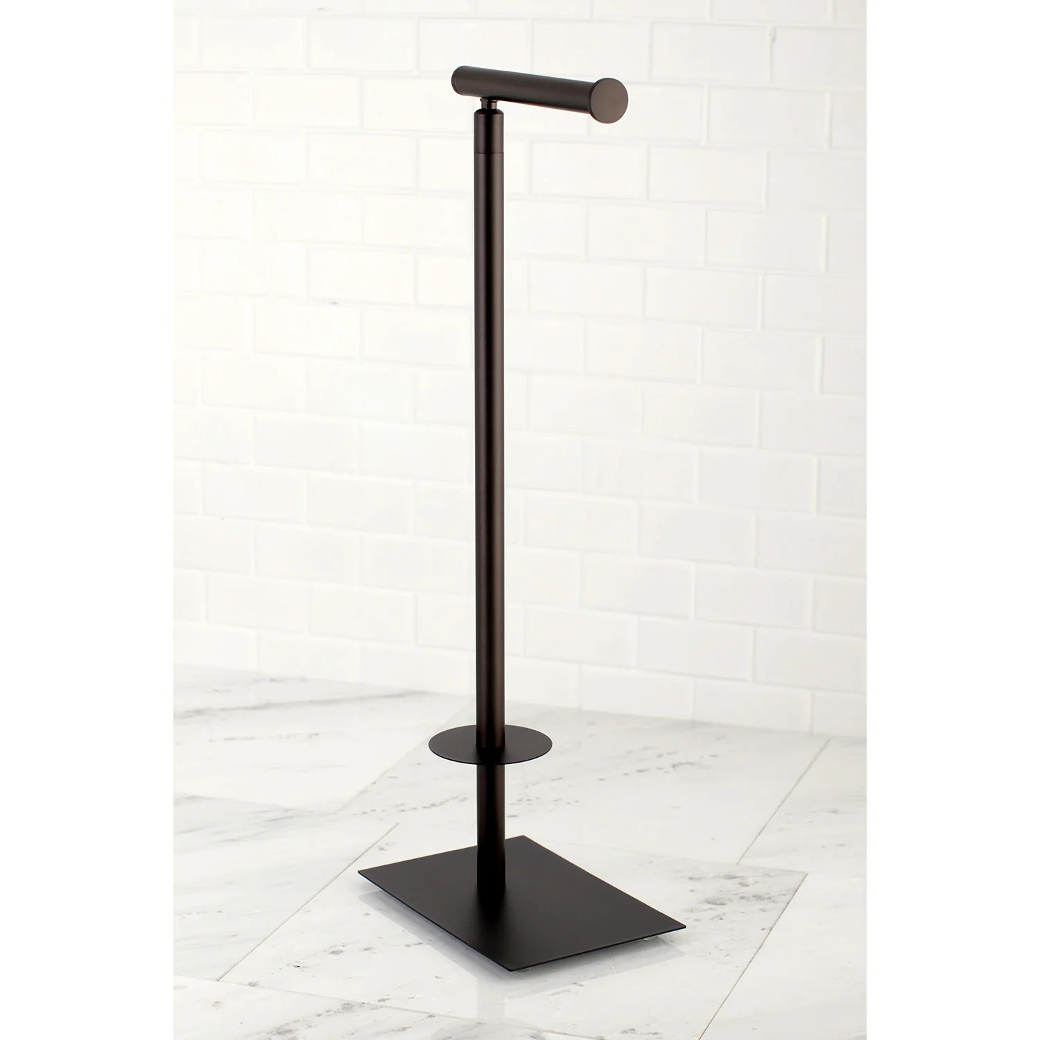 Freestanding toilet paper holder with vertical post, round top bar, oil-rubbed bronze base