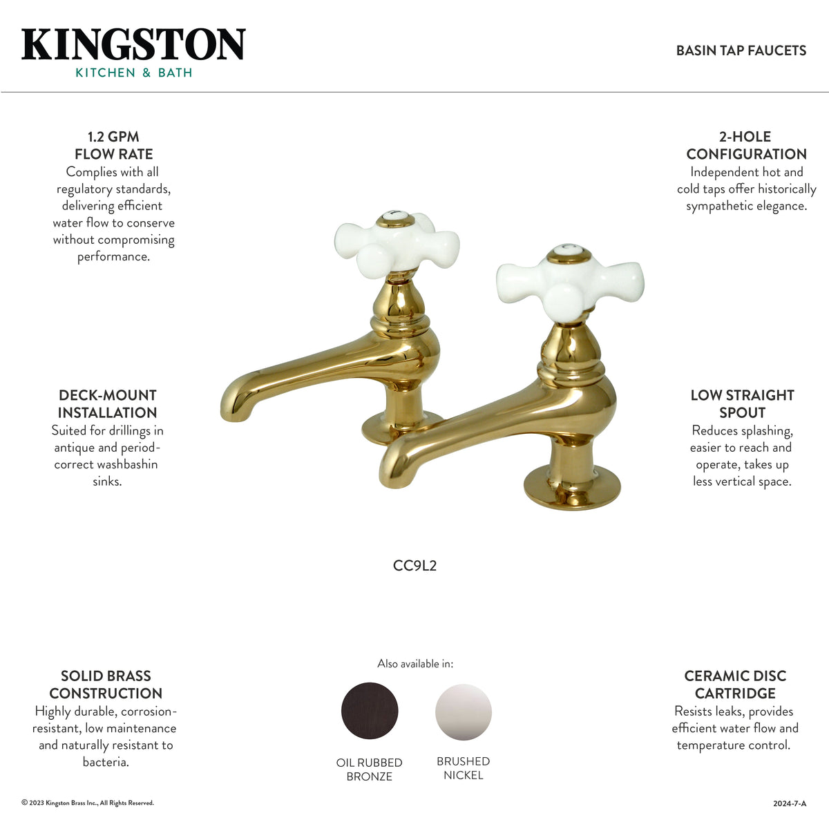Vintage Basin Tap Faucet with Porcelain Cross Handle in Brushed Nickel