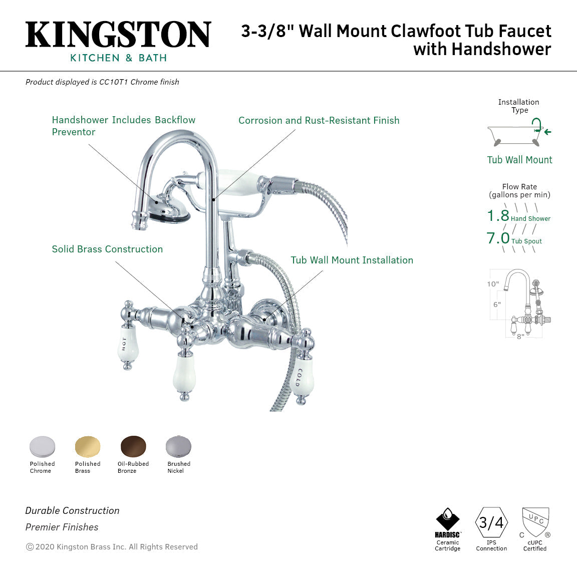 Vintage 3-3/8" Wall Mount Tub Faucet with Hand Shower in Brushed Nickel
